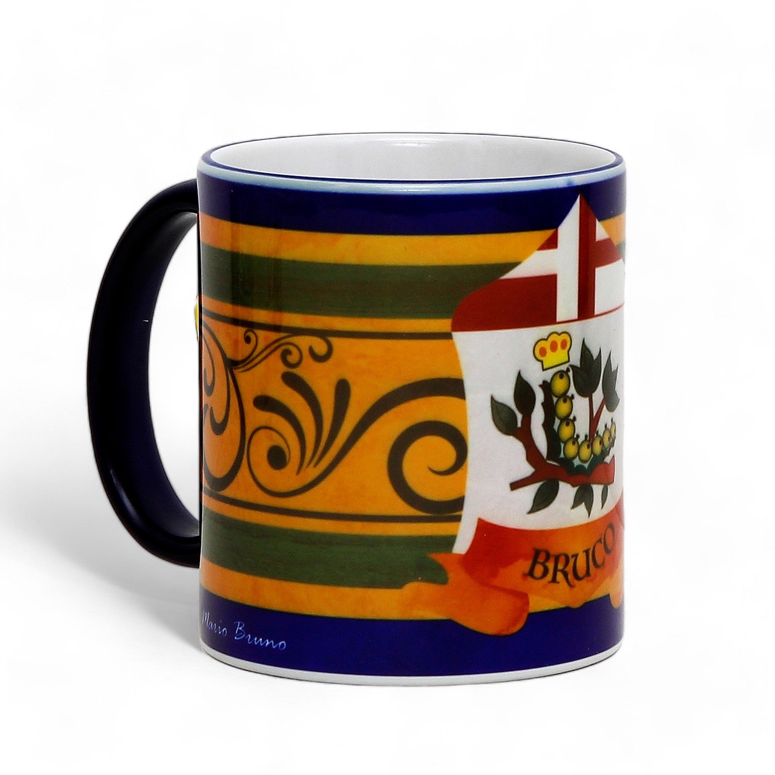 SUBLIMART: Palio di Siena Porcelain printed mug - Blue Handle & Rim - Design by Mario Bruno - BRUCO (Caterpillar)