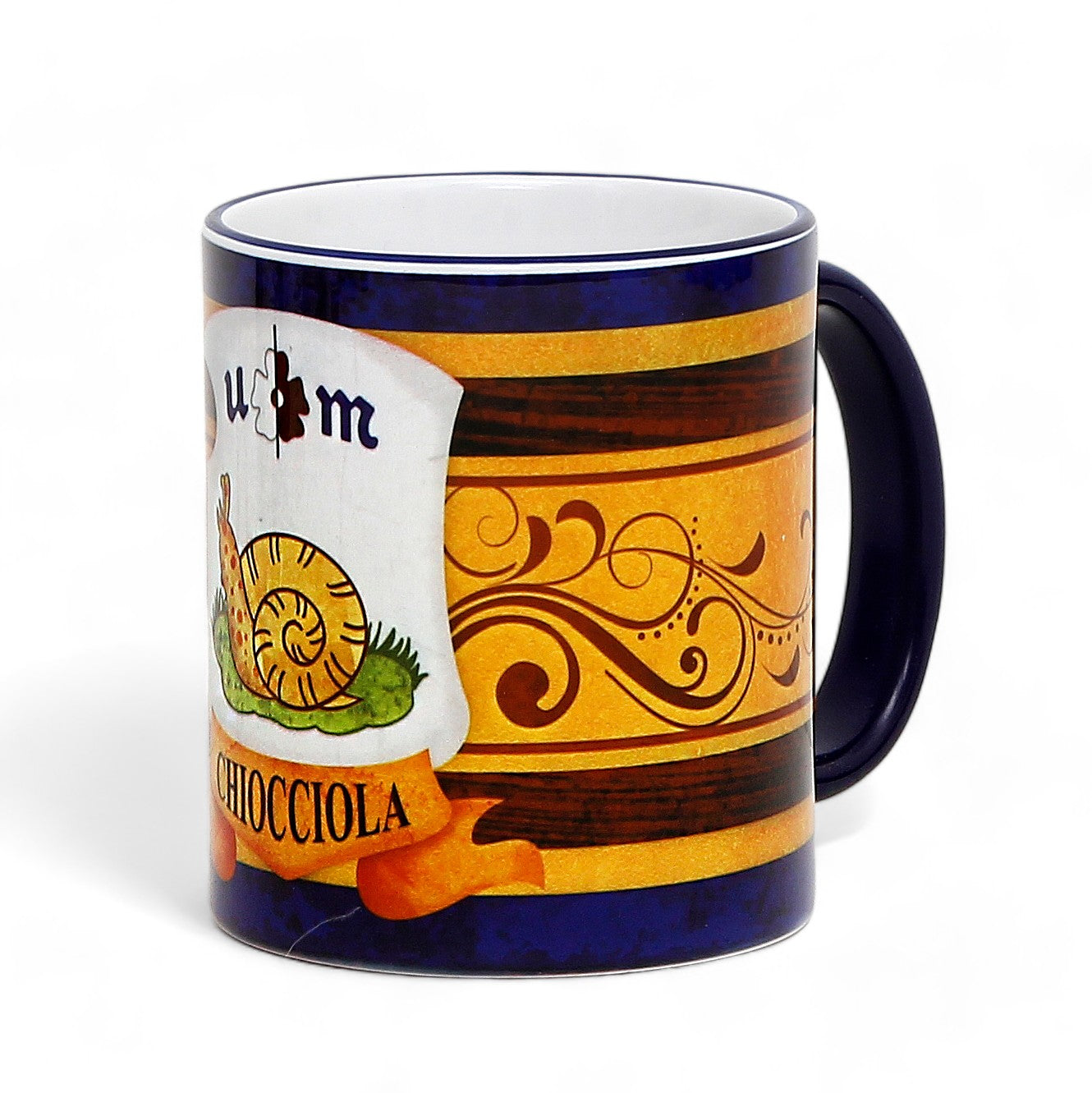 SUBLIMART: Palio di Siena Porcelain printed mug - Blue Handle & Rim - Design by Mario Bruno - CHIOCCIOLA (Snail)