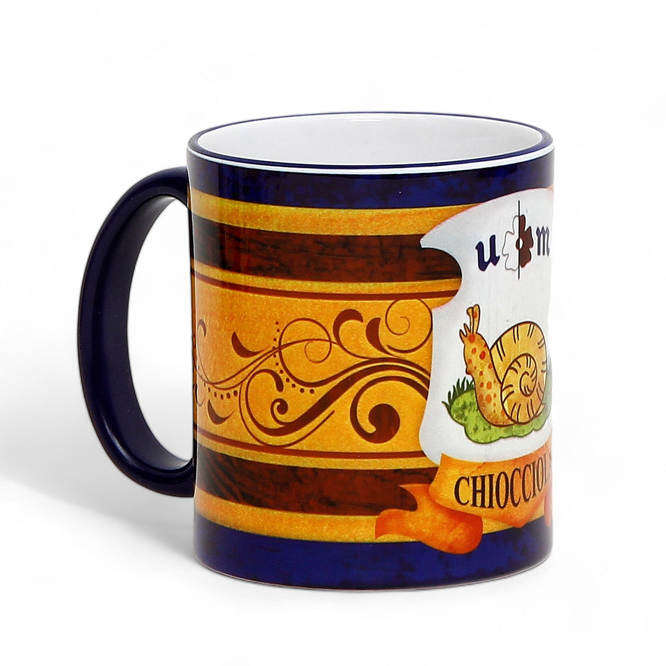 SUBLIMART: Palio di Siena Porcelain printed mug - Blue Handle & Rim - Design by Mario Bruno - CHIOCCIOLA (Snail)