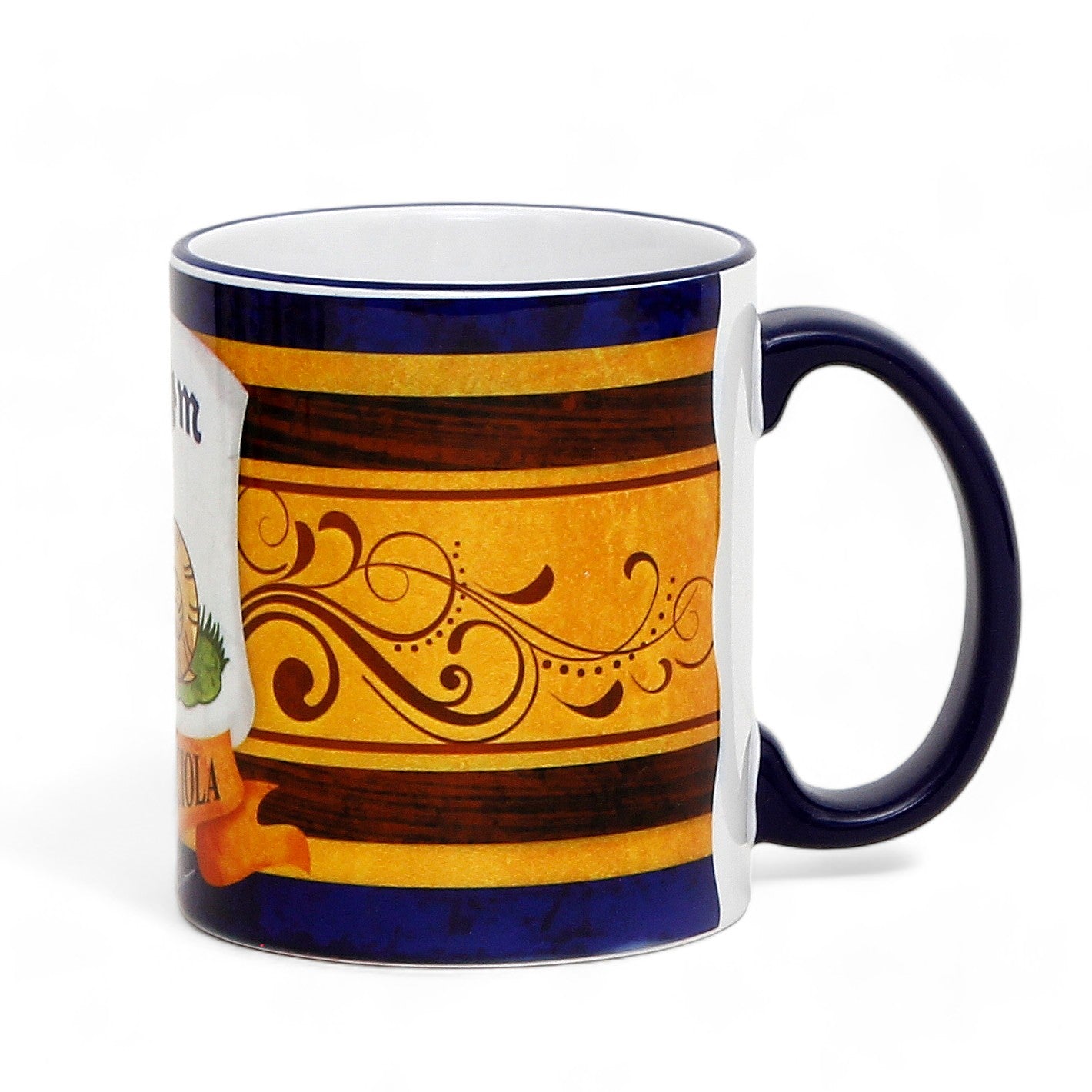 SUBLIMART: Palio di Siena Porcelain printed mug - Blue Handle & Rim - Design by Mario Bruno - CHIOCCIOLA (Snail)