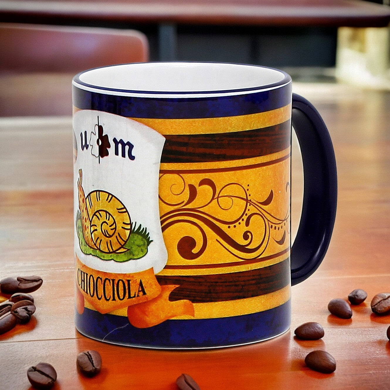 SUBLIMART: Palio di Siena Porcelain printed mug - Blue Handle & Rim - Design by Mario Bruno - CHIOCCIOLA (Snail)