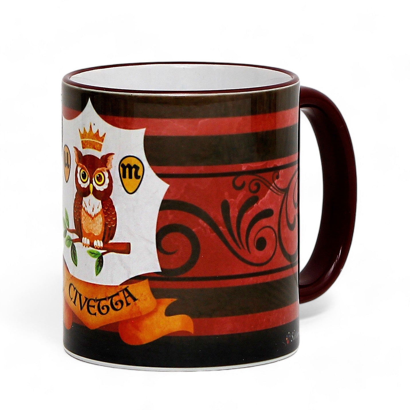 SUBLIMART: Palio di Siena Porcelain printed mug - Brown Handle & Rim - Design by Mario Bruno - CIVETTA (Owl)