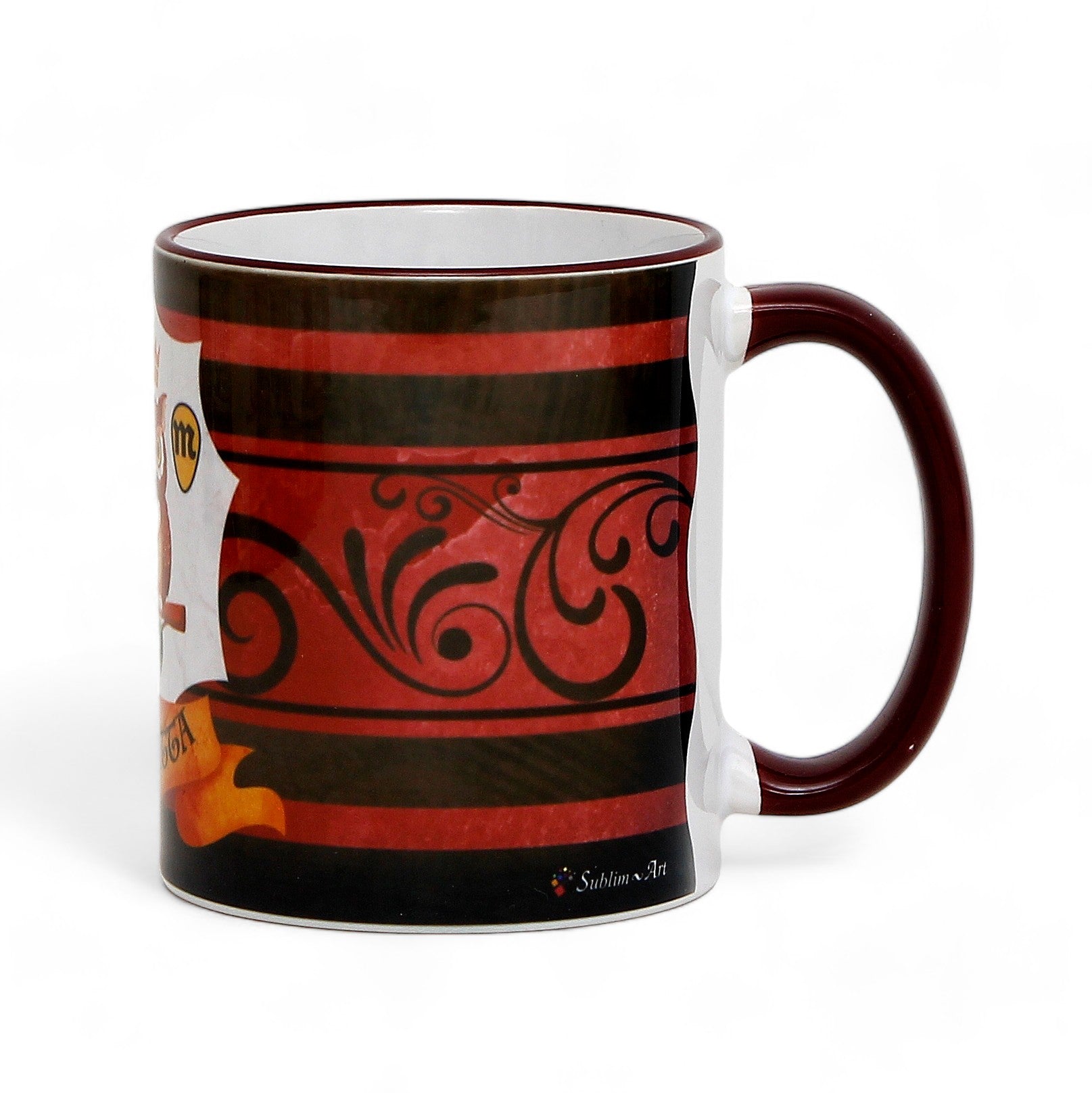 SUBLIMART: Palio di Siena Porcelain printed mug - Brown Handle & Rim - Design by Mario Bruno - CIVETTA (Owl)