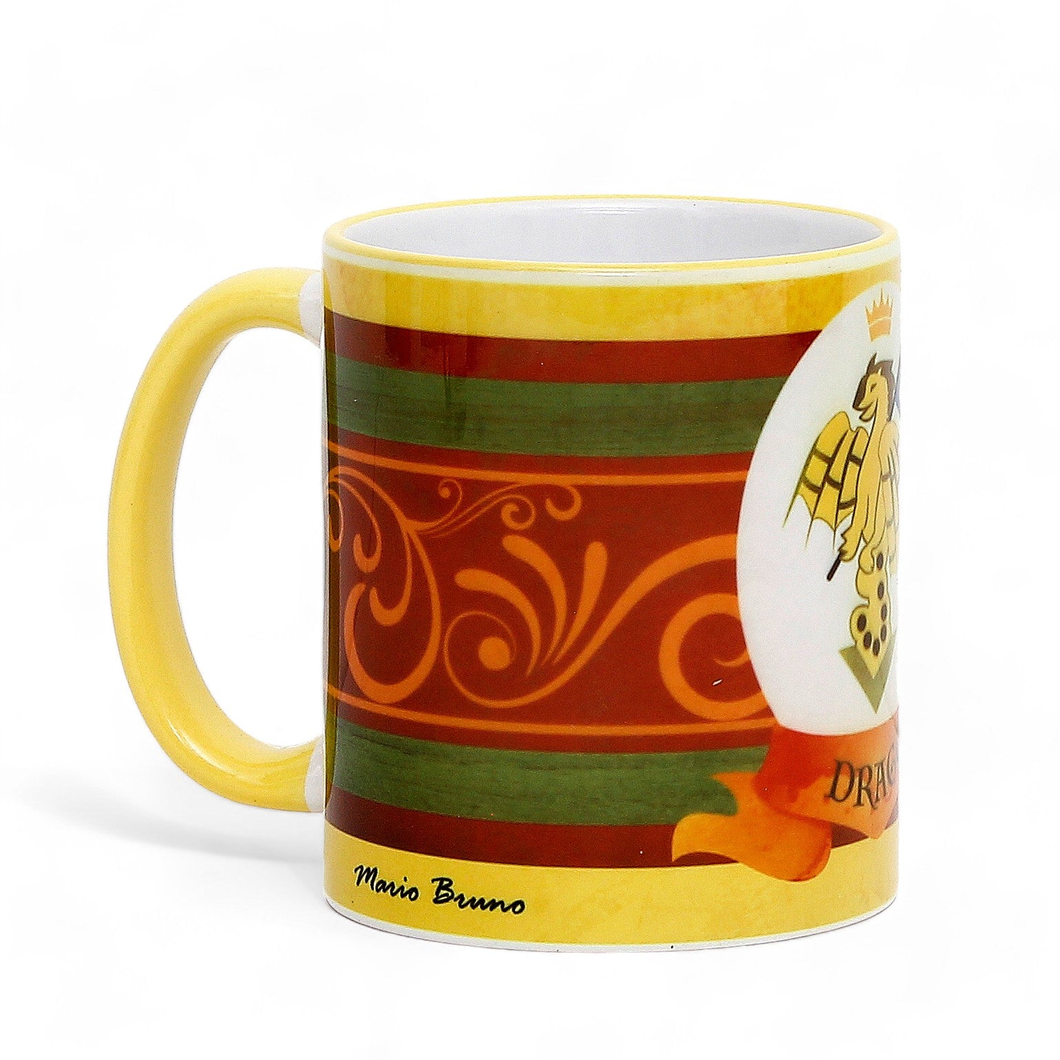 SUBLIMART: Palio di Siena Porcelain printed mug - Yellow Handle & Rim - Design by Mario Bruno - DRAGO (Dragon)