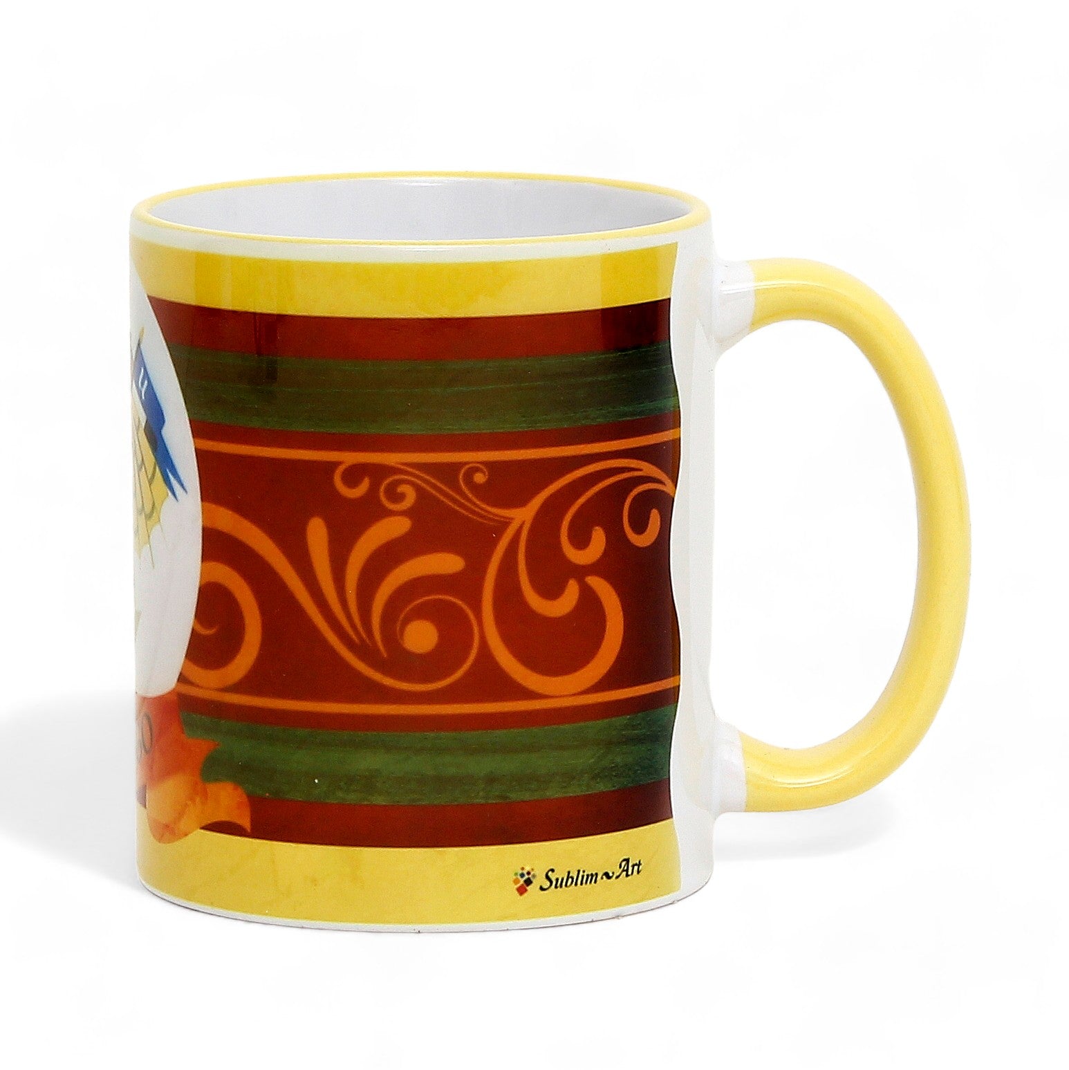 SUBLIMART: Palio di Siena Porcelain printed mug - Yellow Handle & Rim - Design by Mario Bruno - DRAGO (Dragon)