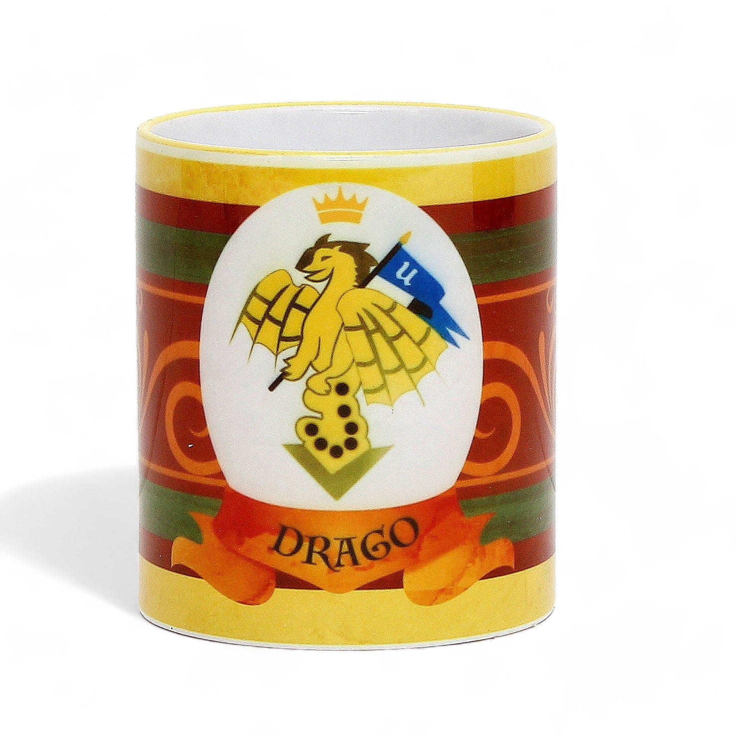 SUBLIMART: Palio di Siena Porcelain printed mug - Yellow Handle & Rim - Design by Mario Bruno - DRAGO (Dragon)