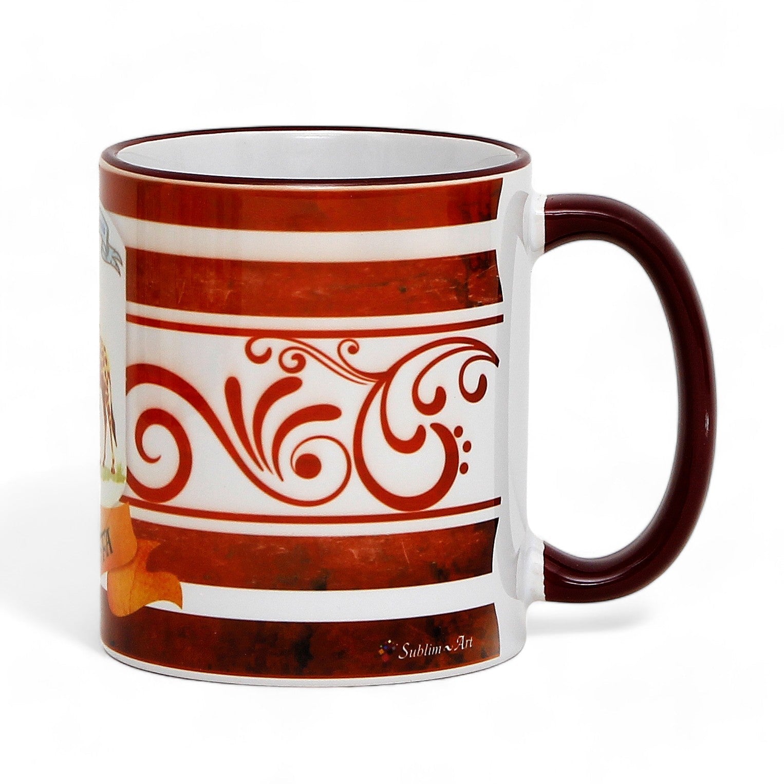 SUBLIMART: Palio di Siena Porcelain printed mug - Brown Handle & Rim - Design by Mario Bruno - GIRAFFA (Giraffe)