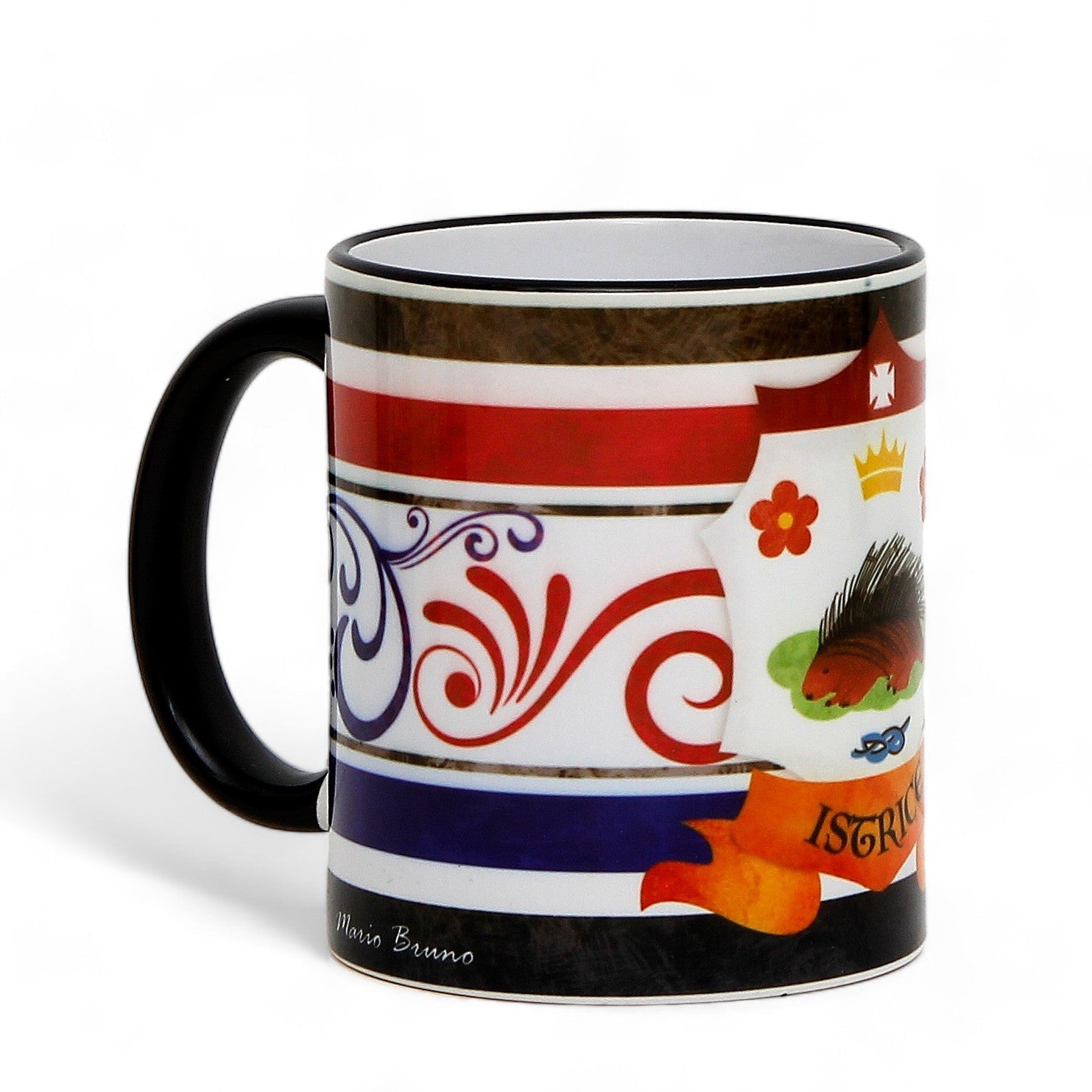 SUBLIMART: Palio di Siena Porcelain printed mug - Black Handle & Rim - Design by Mario Bruno - ISTRICE (Porcupine)