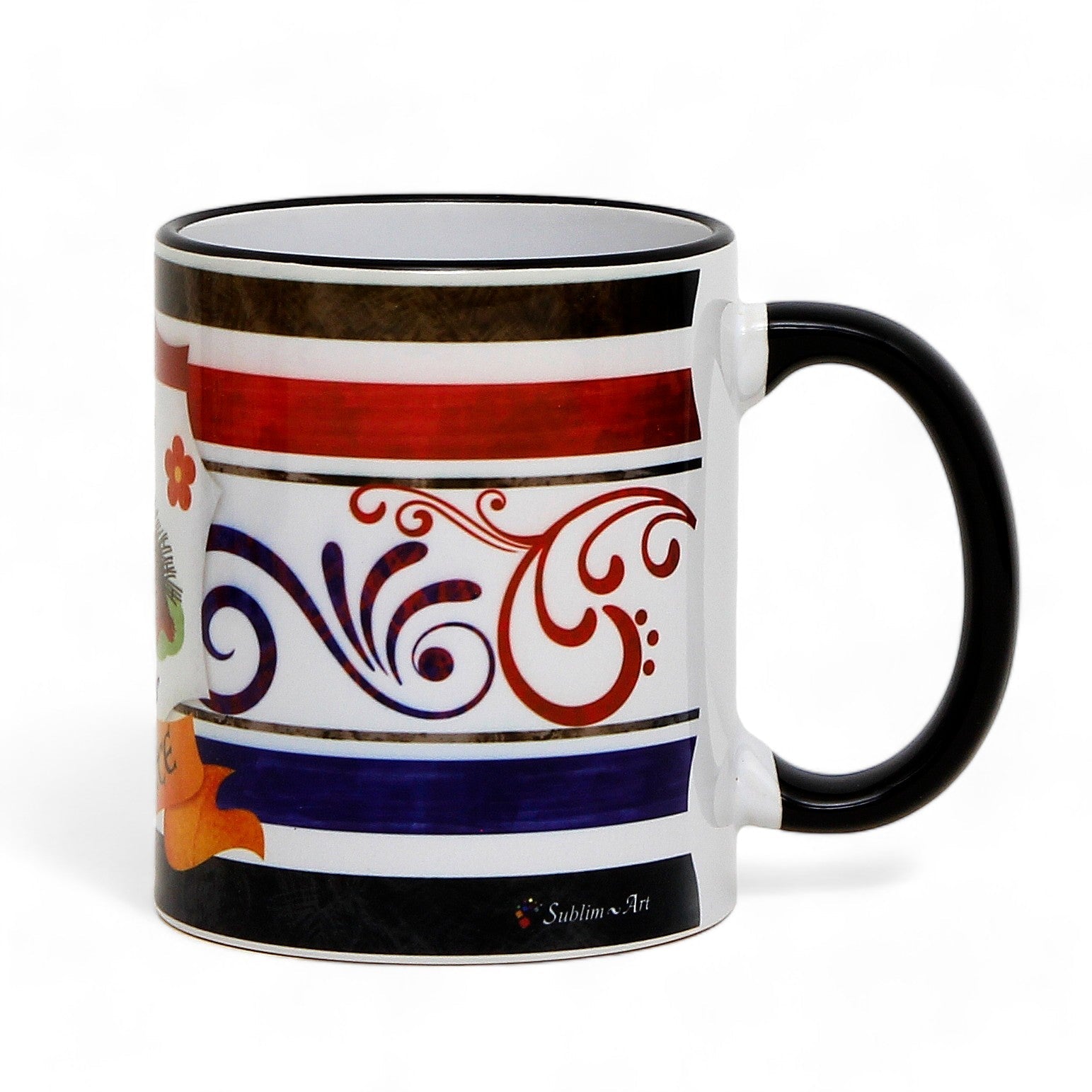 SUBLIMART: Palio di Siena Porcelain printed mug - Black Handle & Rim - Design by Mario Bruno - ISTRICE (Porcupine)