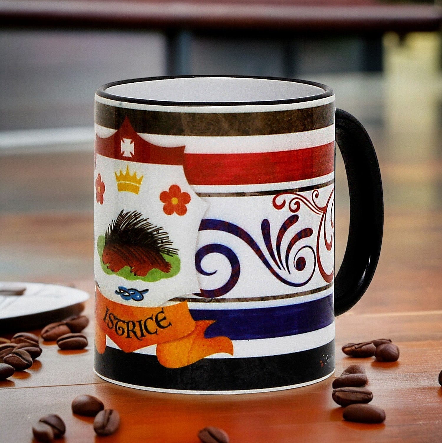 SUBLIMART: Palio di Siena Porcelain printed mug - Black Handle & Rim - Design by Mario Bruno - ISTRICE (Porcupine)