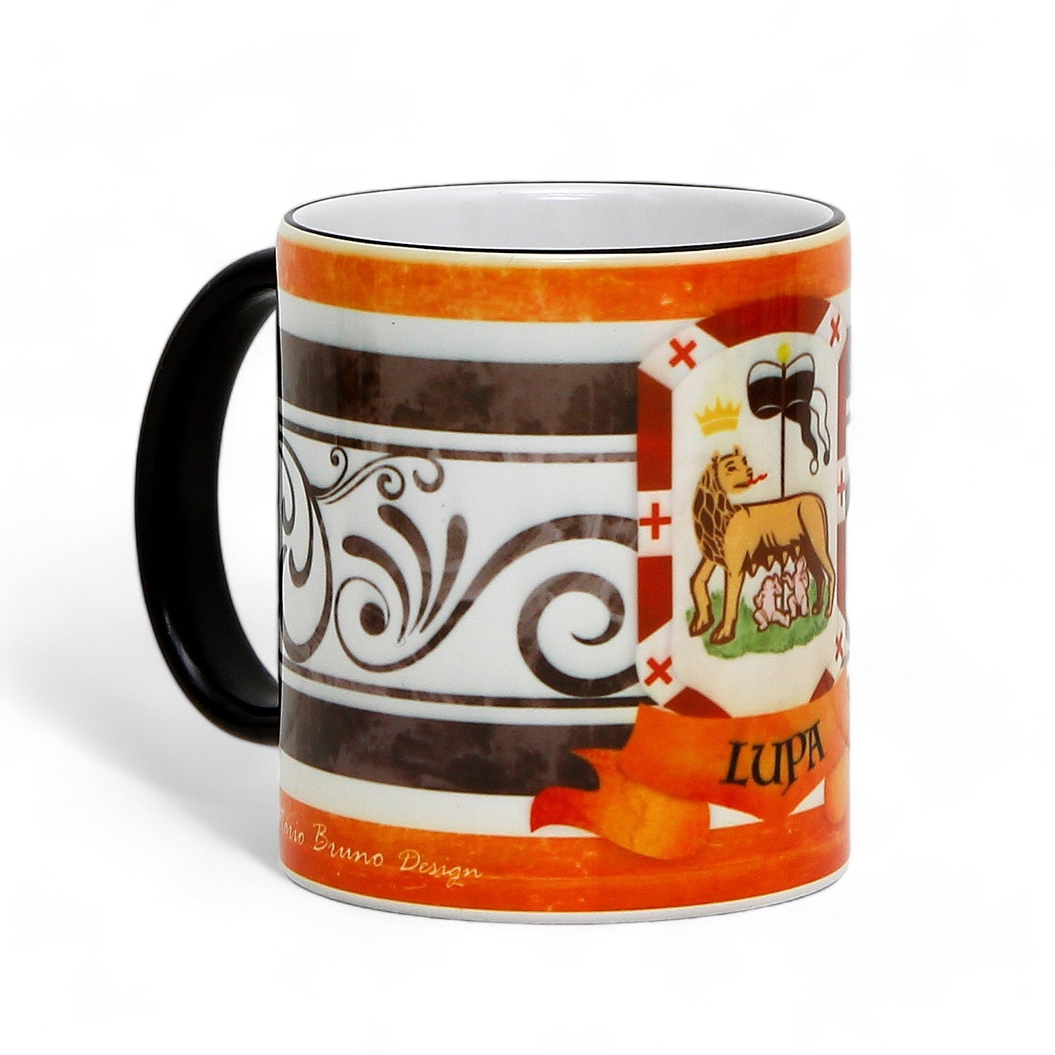 SUBLIMART: Palio di Siena Porcelain printed mug - Black Handle & Rim - Design by Mario Bruno - LUPA (She Wolf)