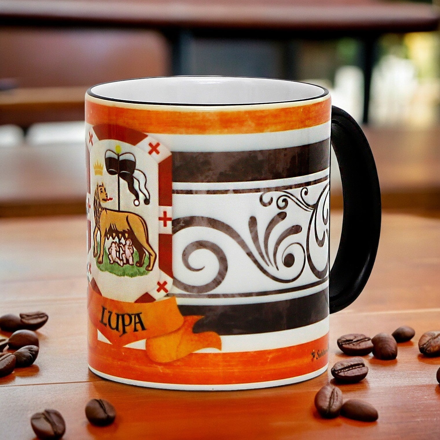 SUBLIMART: Palio di Siena Porcelain printed mug - Black Handle & Rim - Design by Mario Bruno - LUPA (She Wolf)