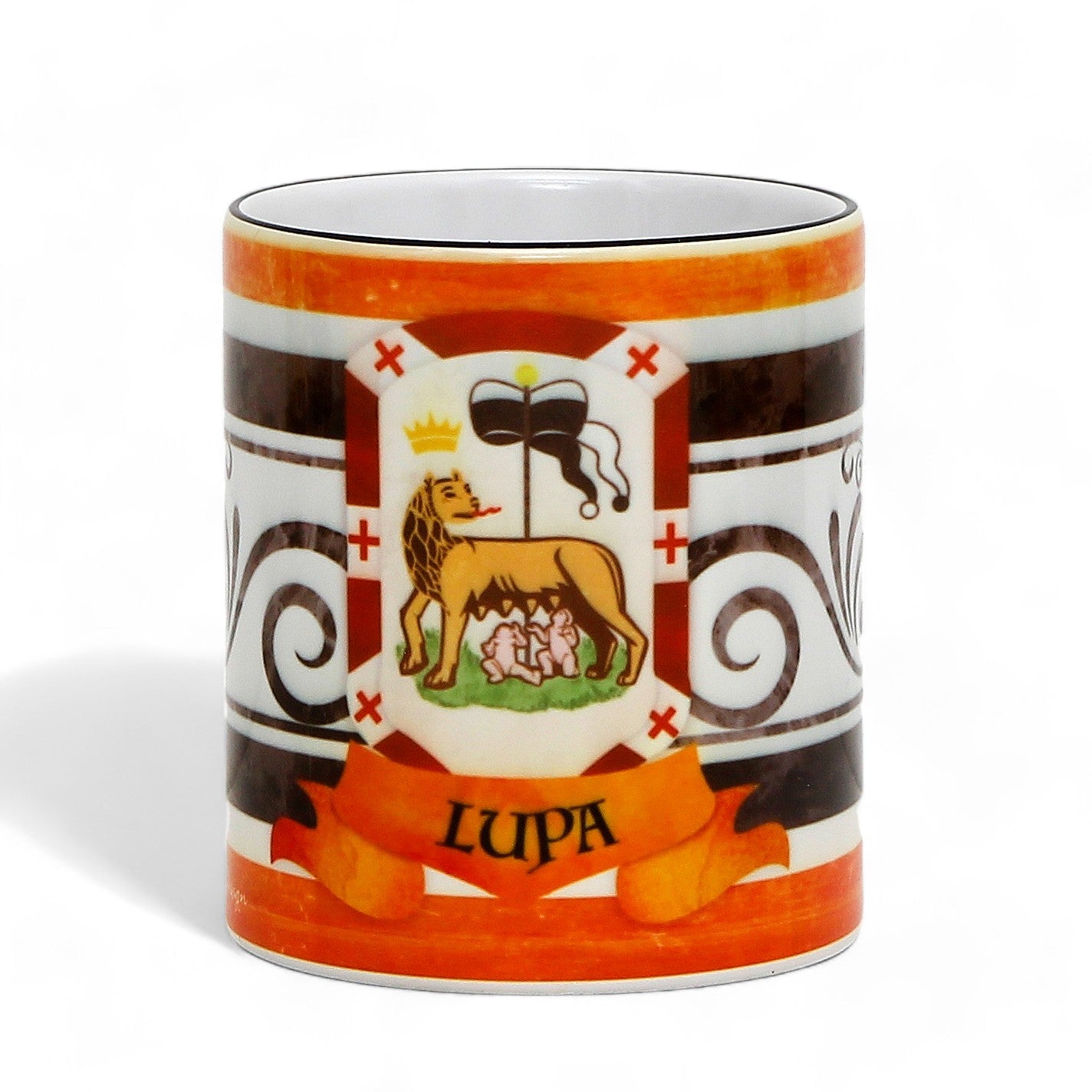 SUBLIMART: Palio di Siena Porcelain printed mug - Black Handle & Rim - Design by Mario Bruno - LUPA (She Wolf)