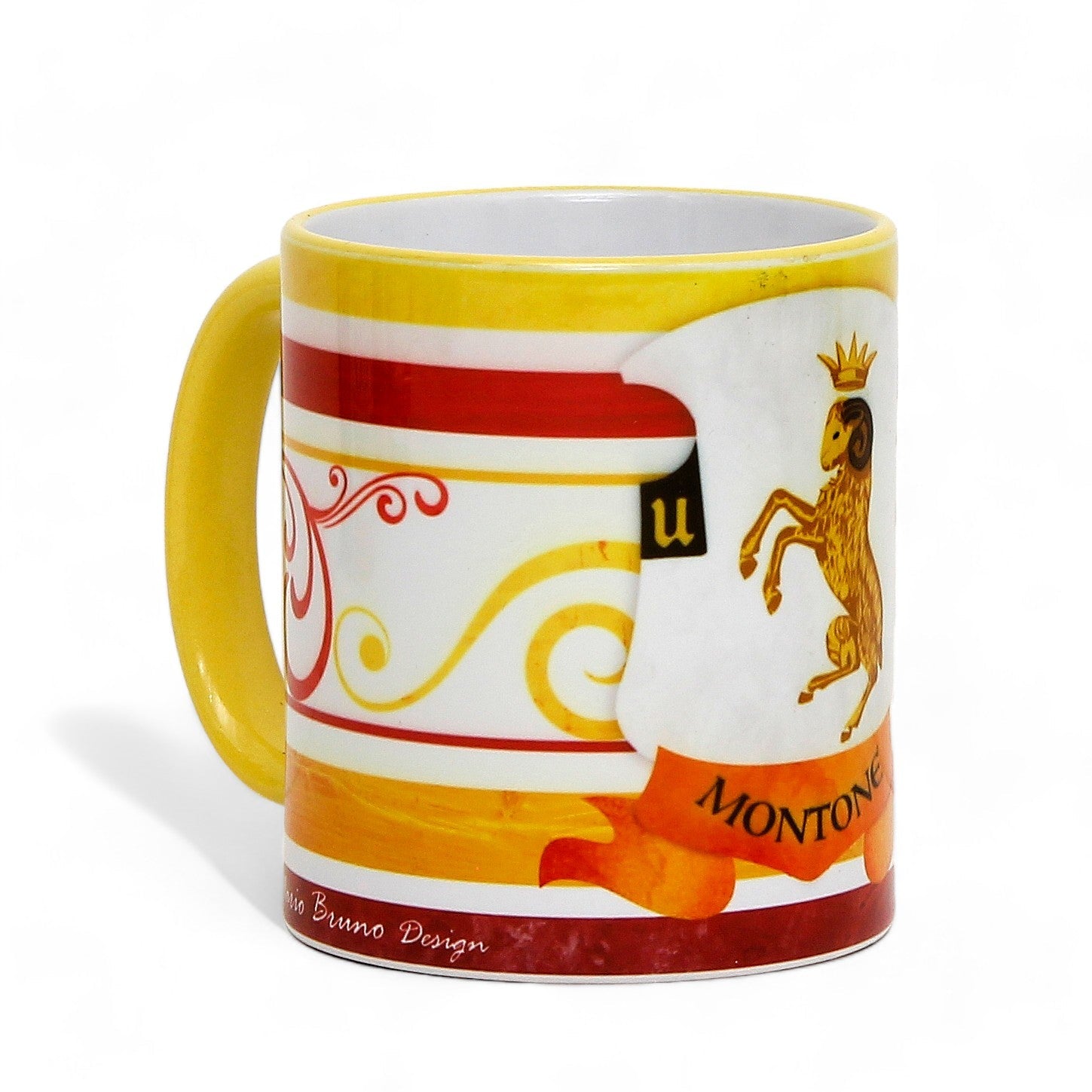 SUBLIMART: Palio di Siena Porcelain printed mug - Yellow Handle & Rim - Design by Mario Bruno - MONTONE (Ram)