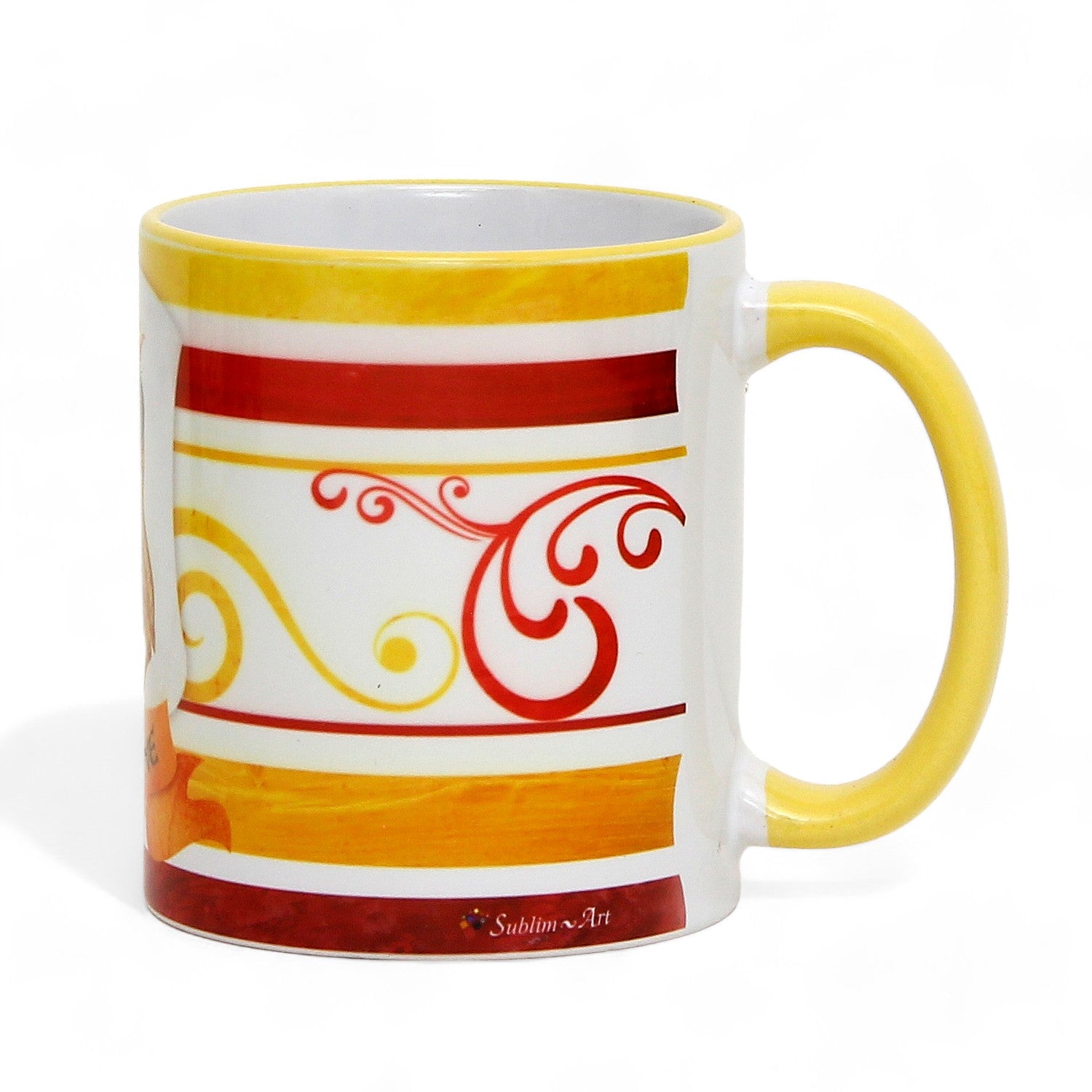 SUBLIMART: Palio di Siena Porcelain printed mug - Yellow Handle & Rim - Design by Mario Bruno - MONTONE (Ram)