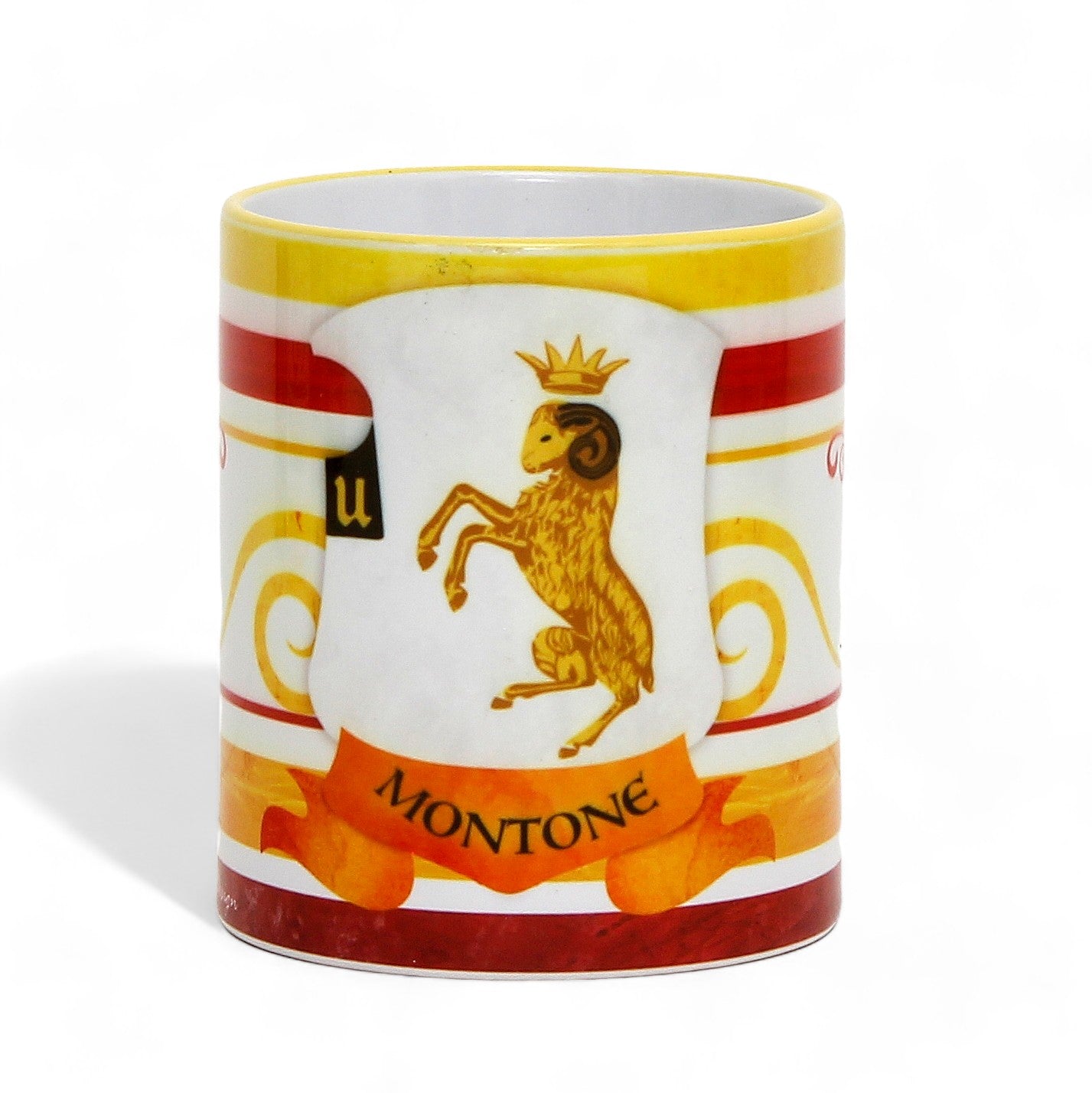 SUBLIMART: Palio di Siena Porcelain printed mug - Yellow Handle & Rim - Design by Mario Bruno - MONTONE (Ram)