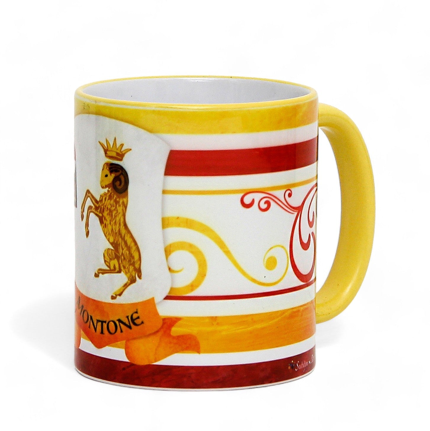 SUBLIMART: Palio di Siena Porcelain printed mug - Yellow Handle & Rim - Design by Mario Bruno - MONTONE (Ram)