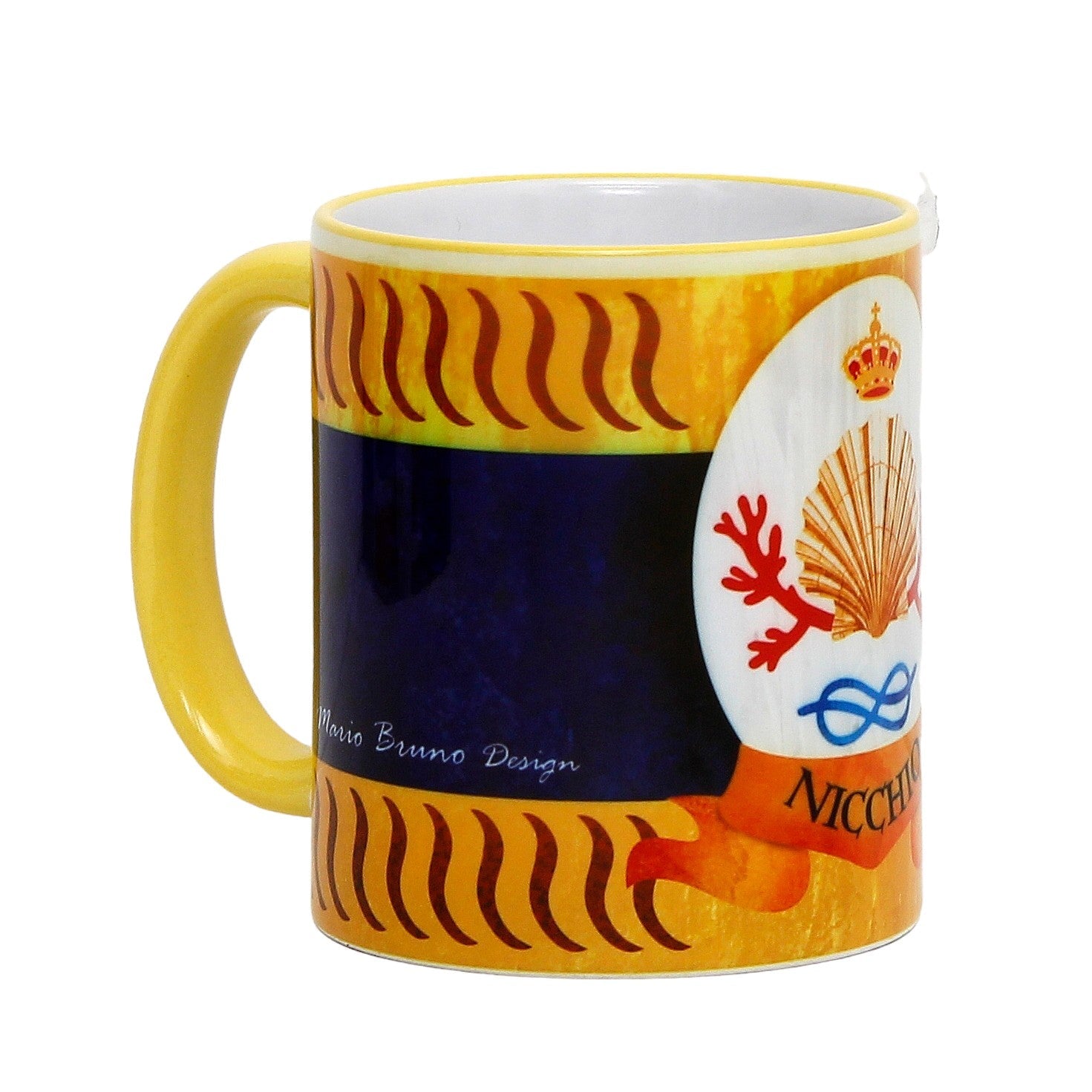 SUBLIMART: Palio di Siena Porcelain printed mug - Yellow Handle & Rim - Design by Mario Bruno - NICCHIO (Shell)