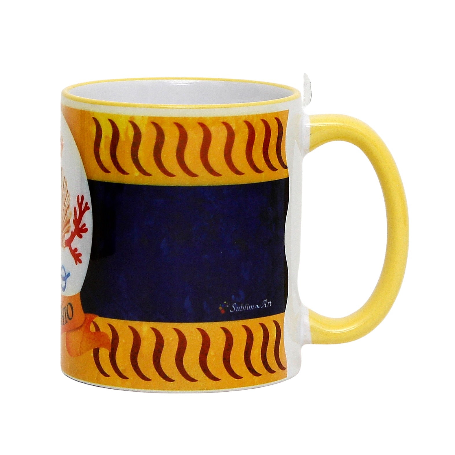 SUBLIMART: Palio di Siena Porcelain printed mug - Yellow Handle & Rim - Design by Mario Bruno - NICCHIO (Shell)