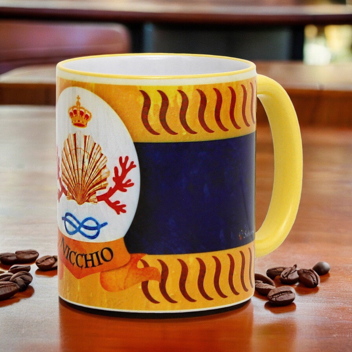 SUBLIMART: Palio di Siena Porcelain printed mug - Yellow Handle & Rim - Design by Mario Bruno - NICCHIO (Shell)