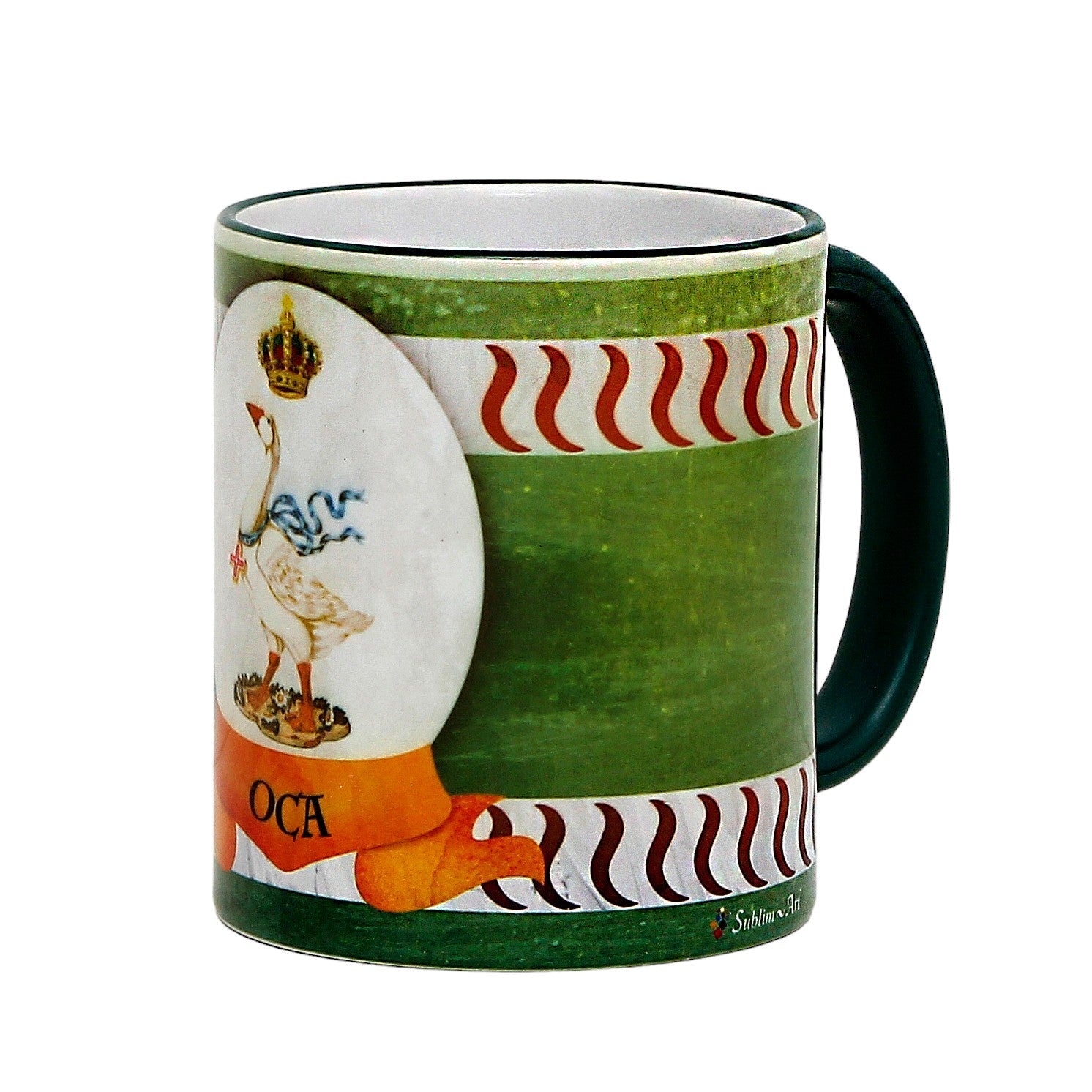 SUBLIMART: Palio di Siena Porcelain printed mug - Green Handle & Rim - Design by Mario Bruno - OCA (Goose)