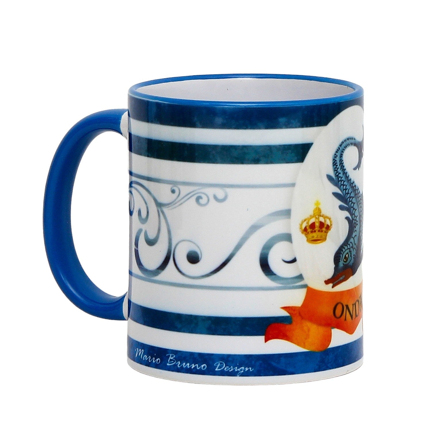 SUBLIMART: Palio di Siena Porcelain printed mug - Capri Blue Handle & Rim - Design by Mario Bruno - ONDA (Dolphin)