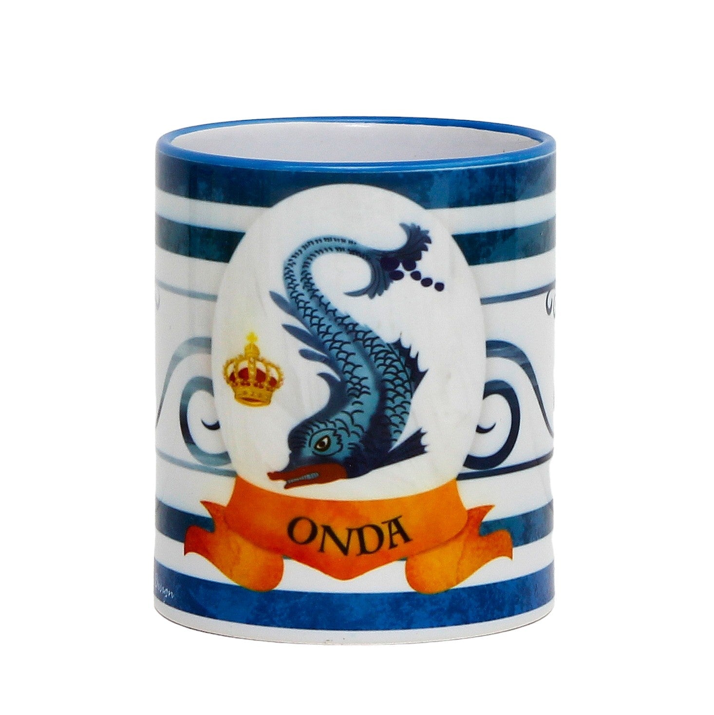 SUBLIMART: Palio di Siena Porcelain printed mug - Capri Blue Handle & Rim - Design by Mario Bruno - ONDA (Dolphin)