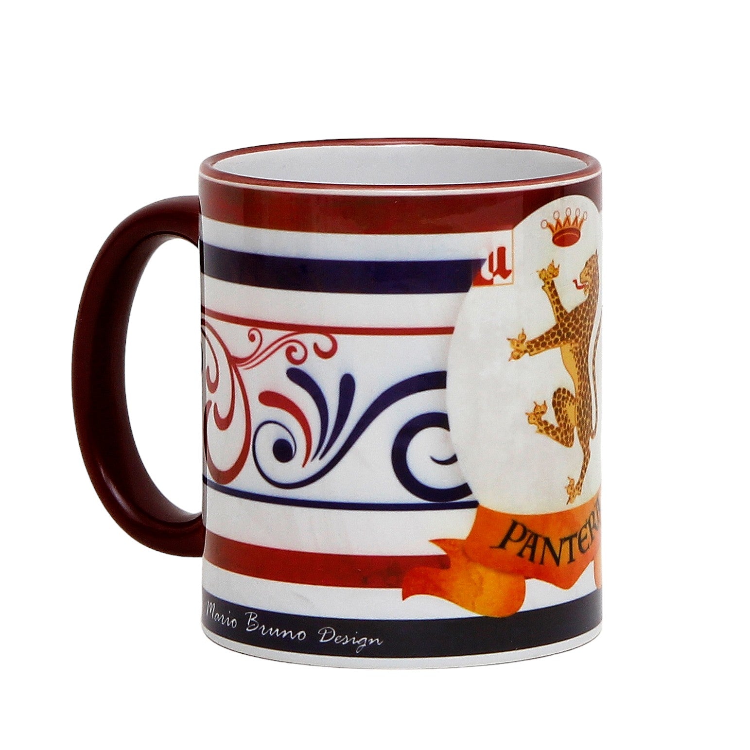 SUBLIMART: Palio di Siena Porcelain printed mug -  Brown Handle & Rim - Design by Mario Bruno - PANTERA (Panther)