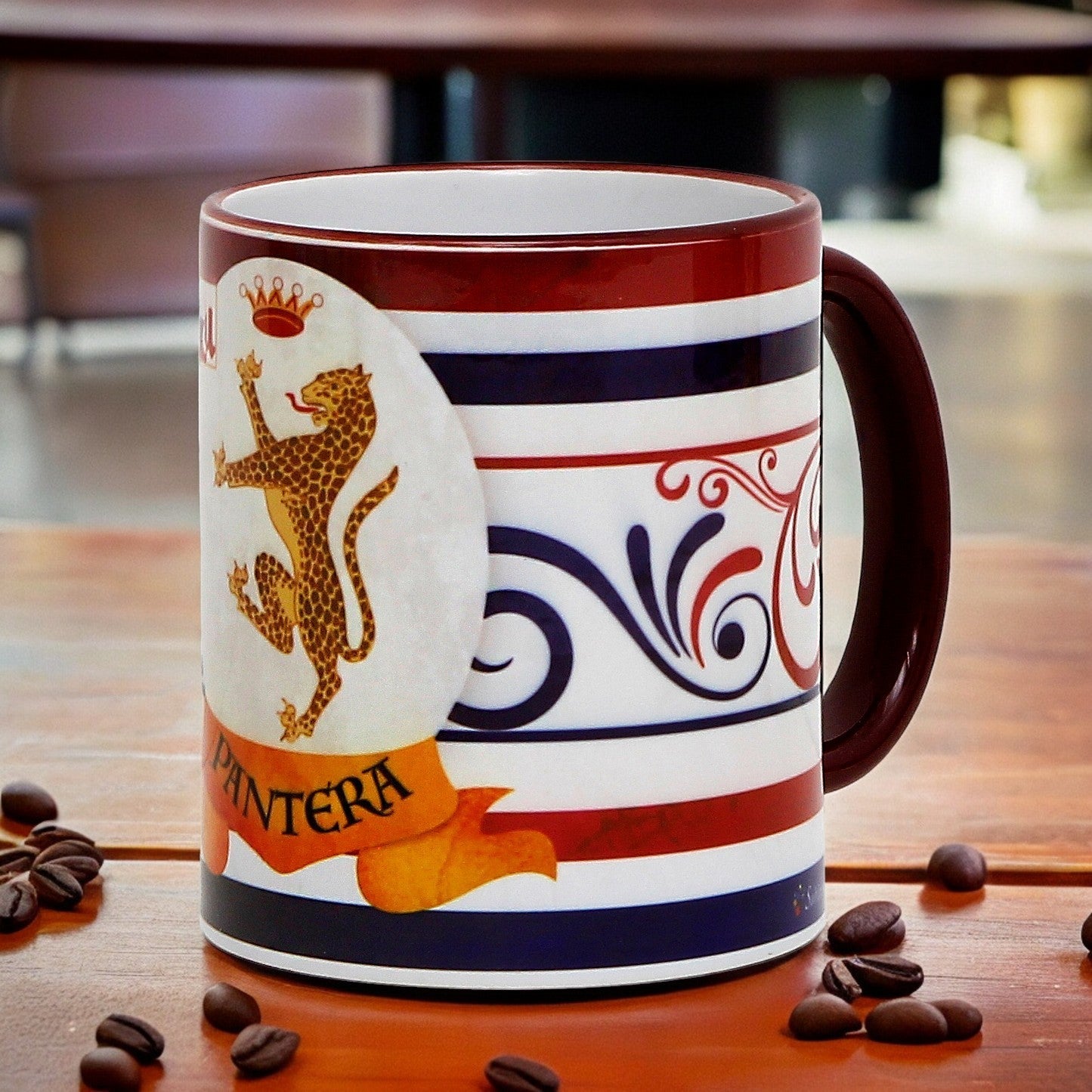 SUBLIMART: Palio di Siena Porcelain printed mug -  Brown Handle & Rim - Design by Mario Bruno - PANTERA (Panther)