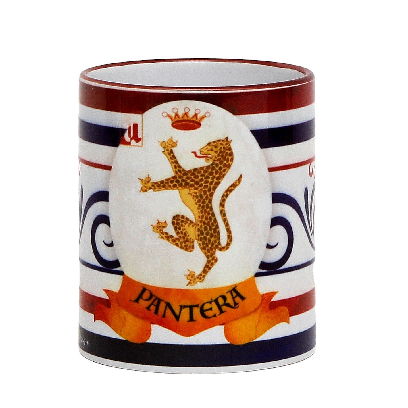 SUBLIMART: Palio di Siena Porcelain printed mug -  Brown Handle & Rim - Design by Mario Bruno - PANTERA (Panther)