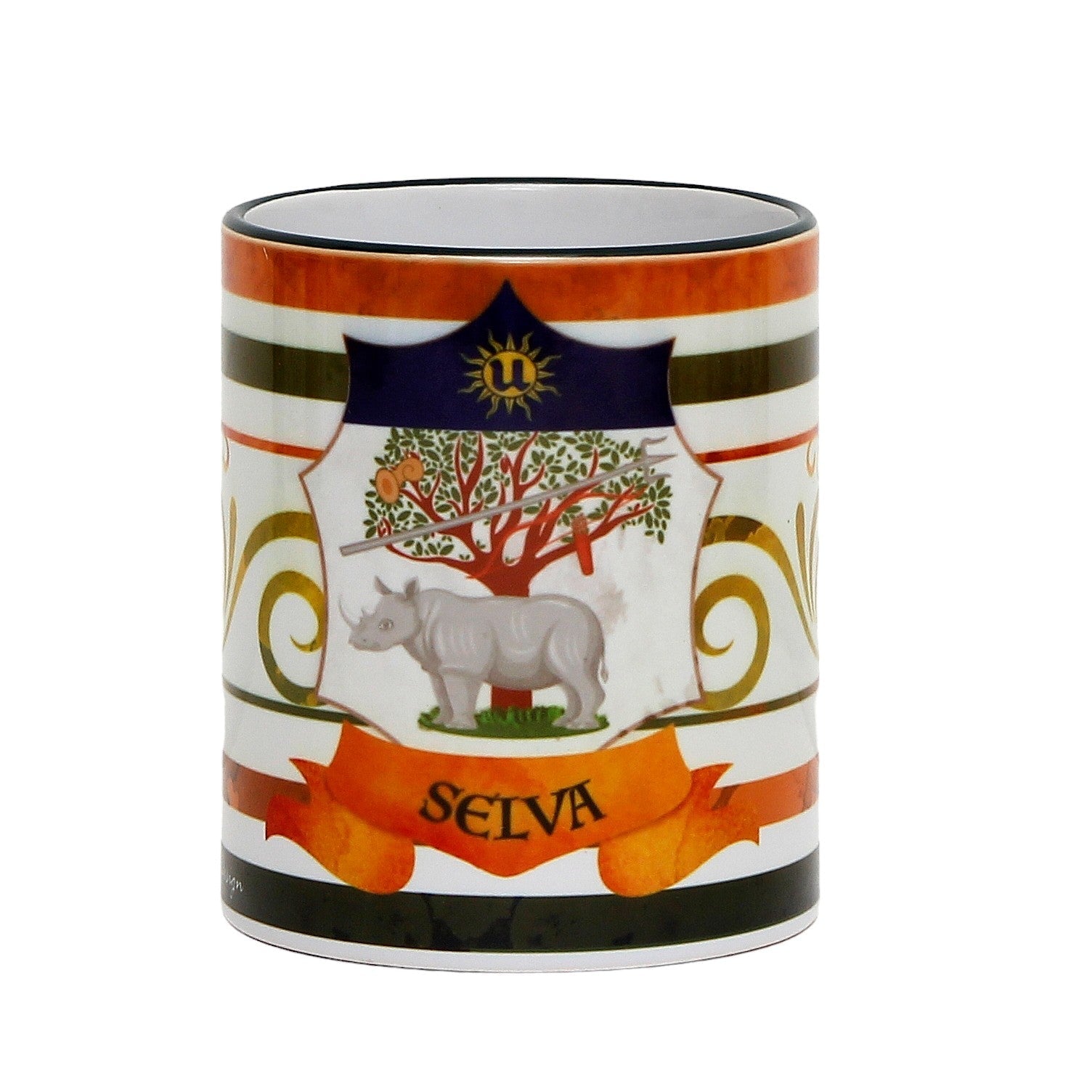 SUBLIMART: Palio di Siena Porcelain printed mug -  Blue Handle & Rim - Design by Mario Bruno - SELVA (Forest-Rhino)