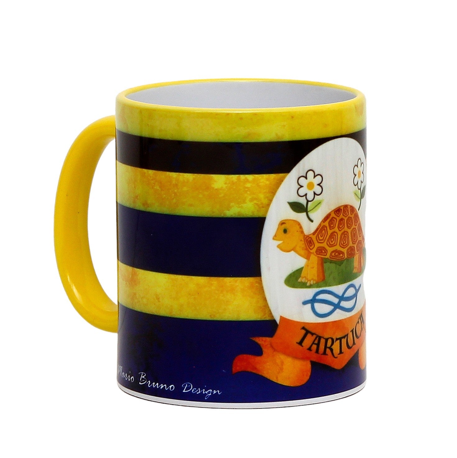 SUBLIMART: Palio di Siena Porcelain printed mug -  Yellow Handle & Rim - Design by Mario Bruno - TARTUCA (Tortoise)