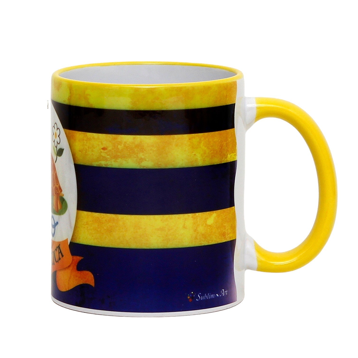 SUBLIMART: Palio di Siena Porcelain printed mug -  Yellow Handle & Rim - Design by Mario Bruno - TARTUCA (Tortoise)