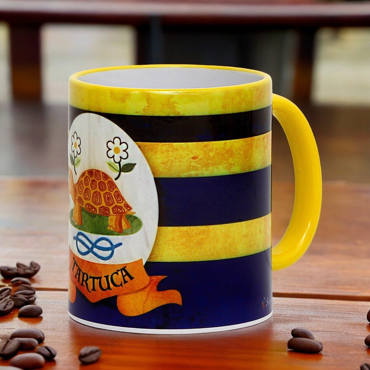 SUBLIMART: Palio di Siena Porcelain printed mug -  Yellow Handle & Rim - Design by Mario Bruno - TARTUCA (Tortoise)