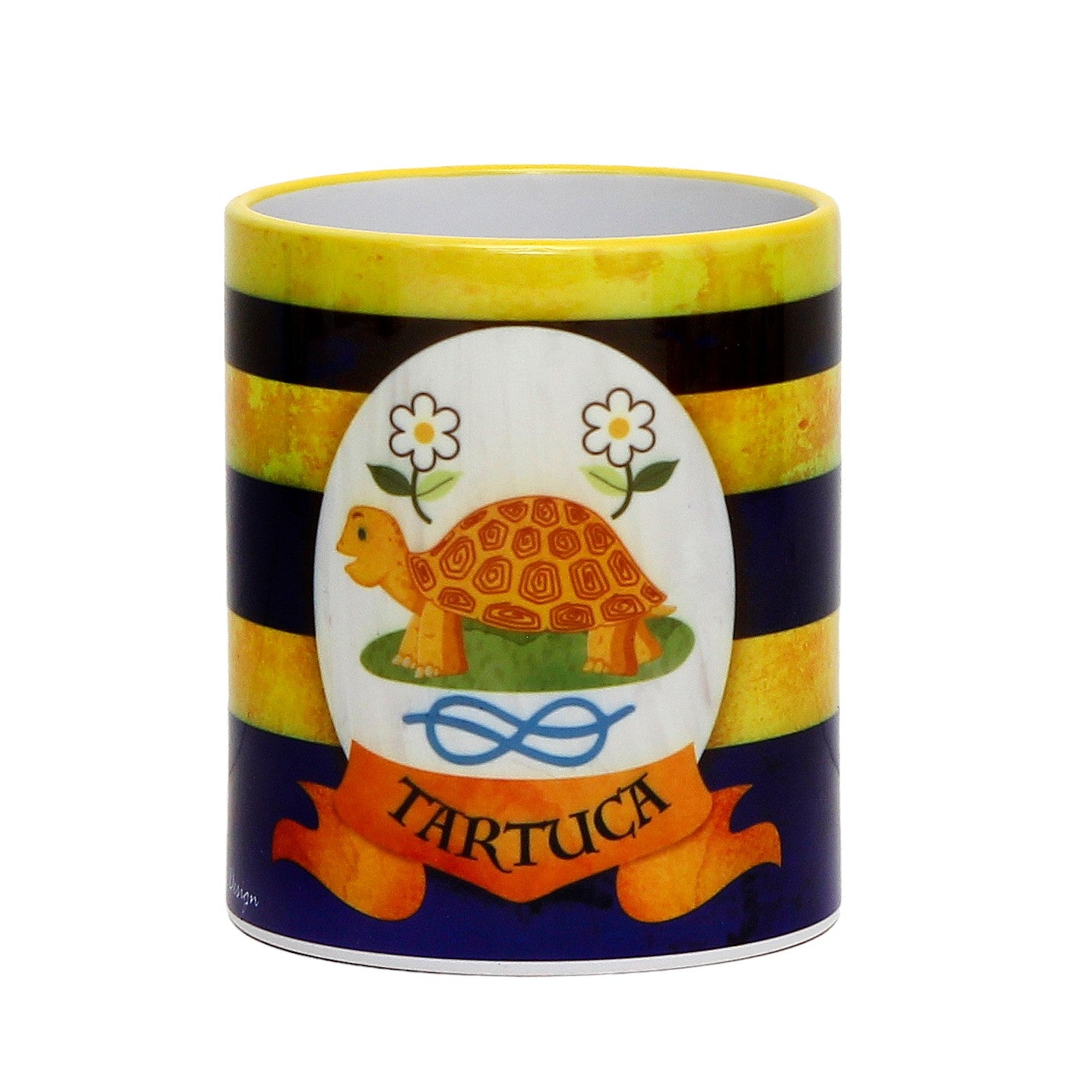 SUBLIMART: Palio di Siena Porcelain printed mug -  Yellow Handle & Rim - Design by Mario Bruno - TARTUCA (Tortoise)