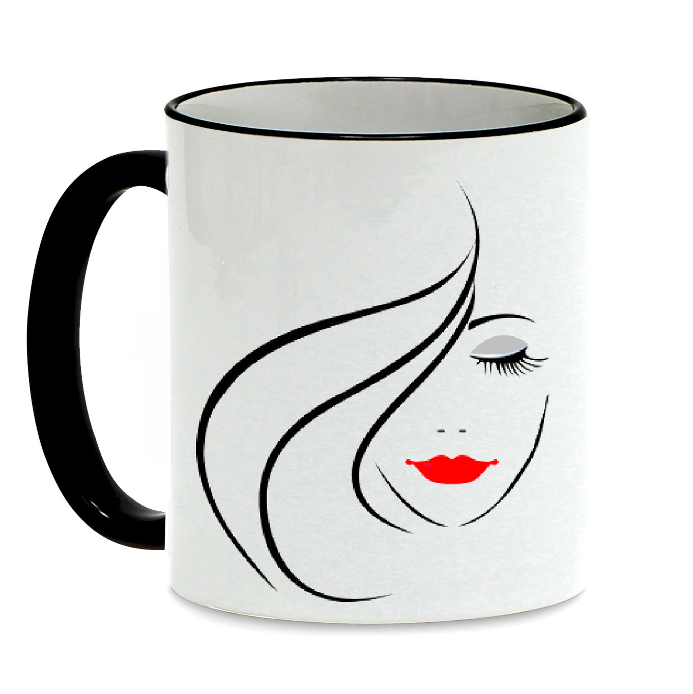 SUBLIMART: Bella Donna Lineart - Mug with black handle and rim featuring styled hand drawn trendy women profiles drawings.