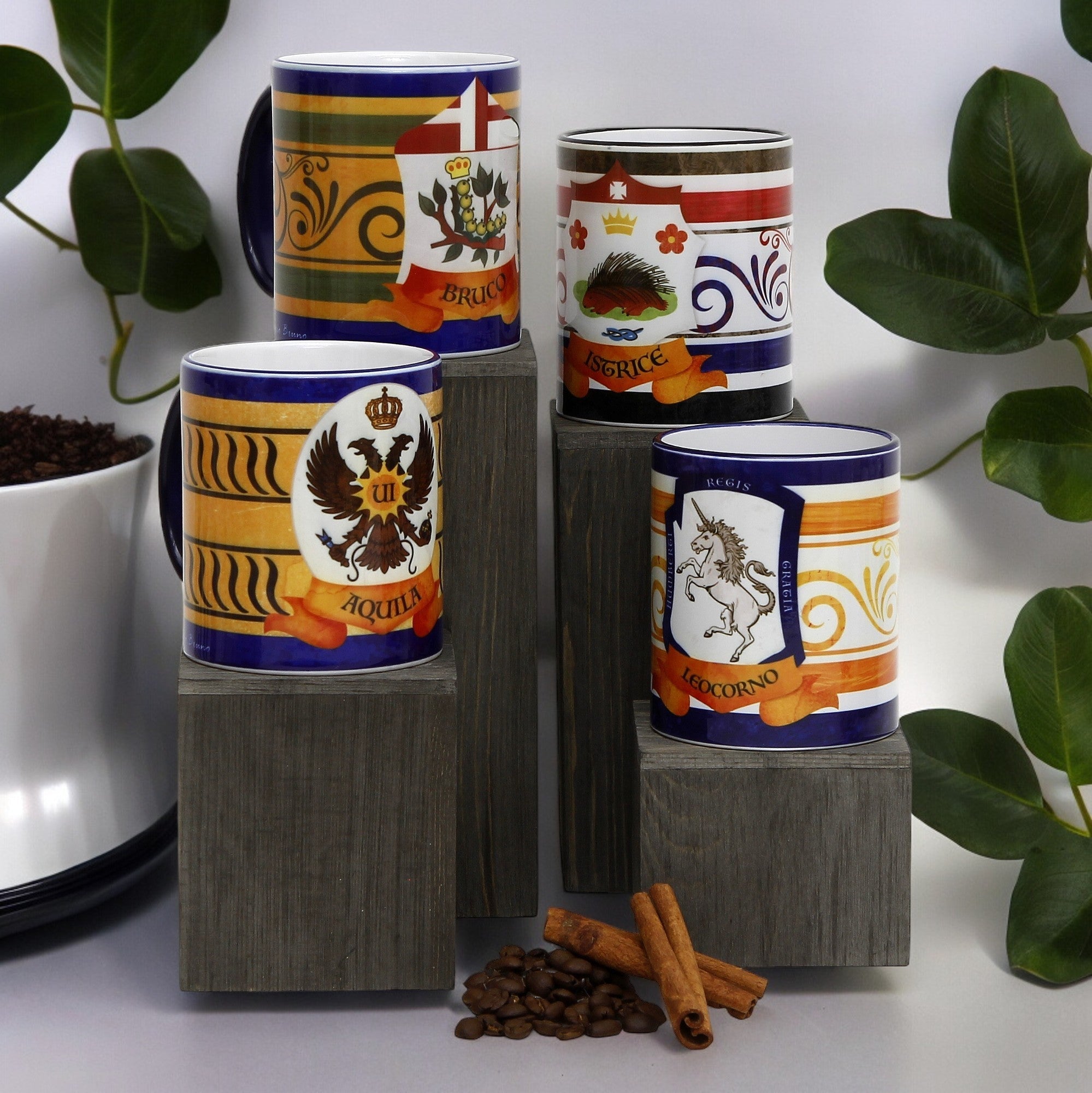 SUBLIMART: Palio di Siena Porcelain printed mug Set of 4 bundle: AQUILA+BRUCO+ISTRICE+LEOCORNO