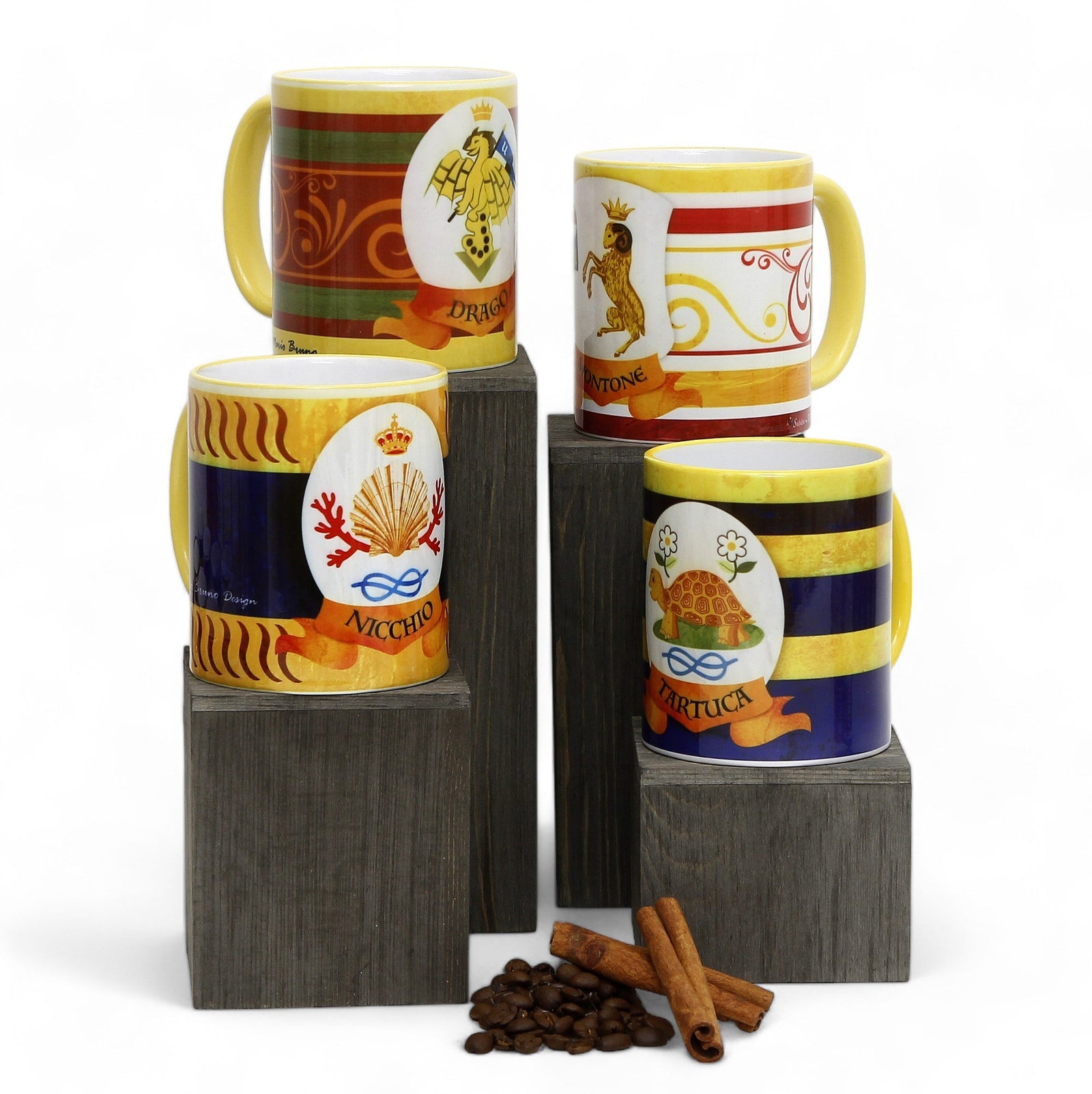 SUBLIMART: Palio di Siena Porcelain printed mug Set of 4 bundle: NICCHIO+DRAGO+MONTONE+TARTUCA