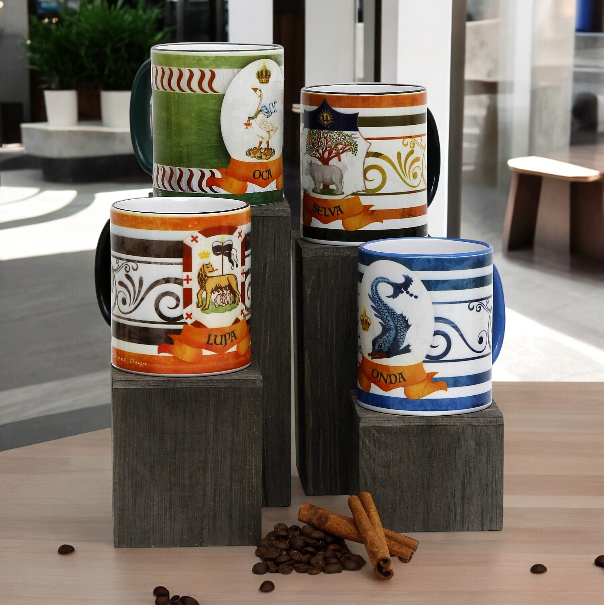 SUBLIMART: Palio di Siena Porcelain printed mug Set of 4 bundle: LUPA+OCA+SELVA+ONDA