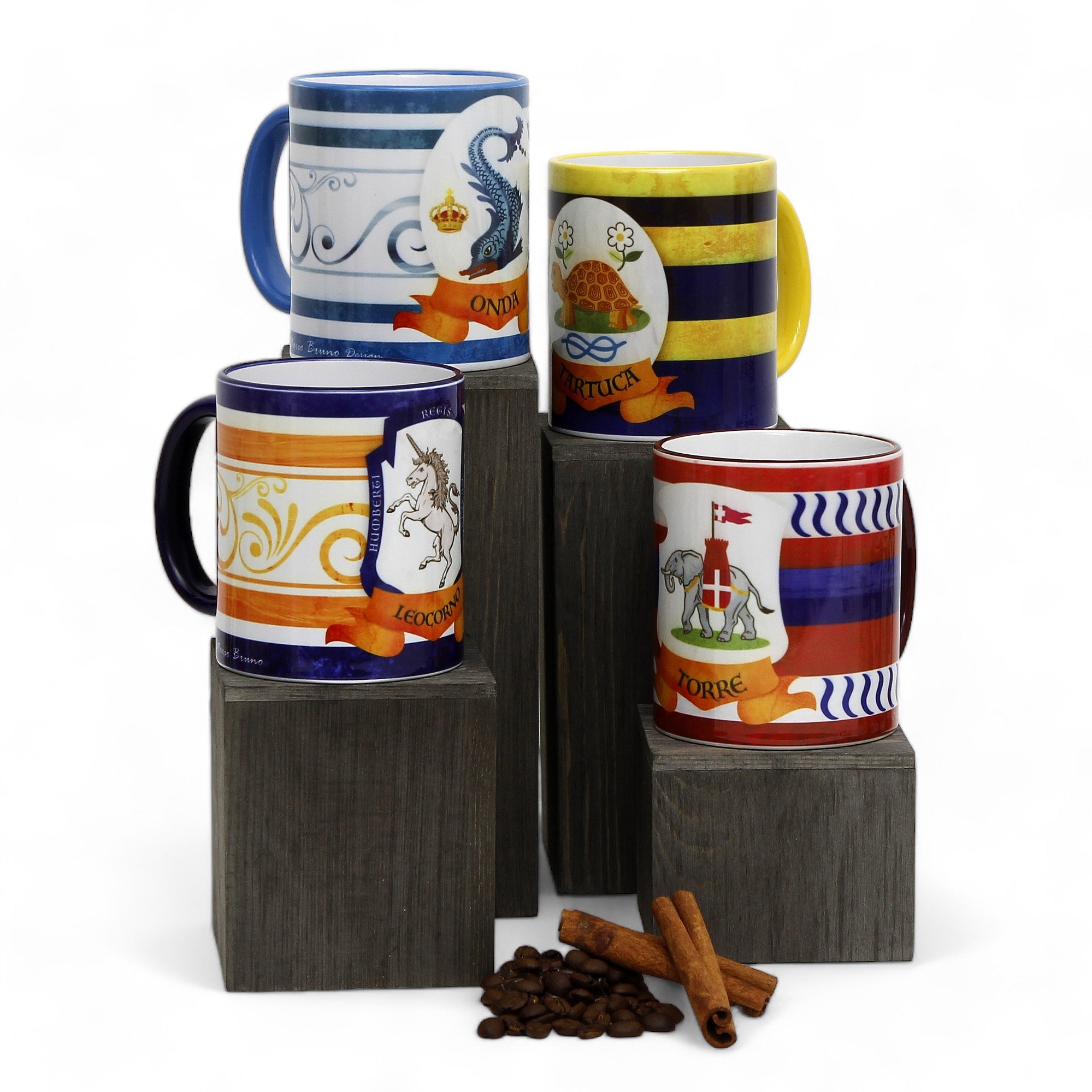 SUBLIMART: Palio di Siena Porcelain printed mug Set of 4 bundle: LEOCORNO+ONDA+TARTUCA+TORRE