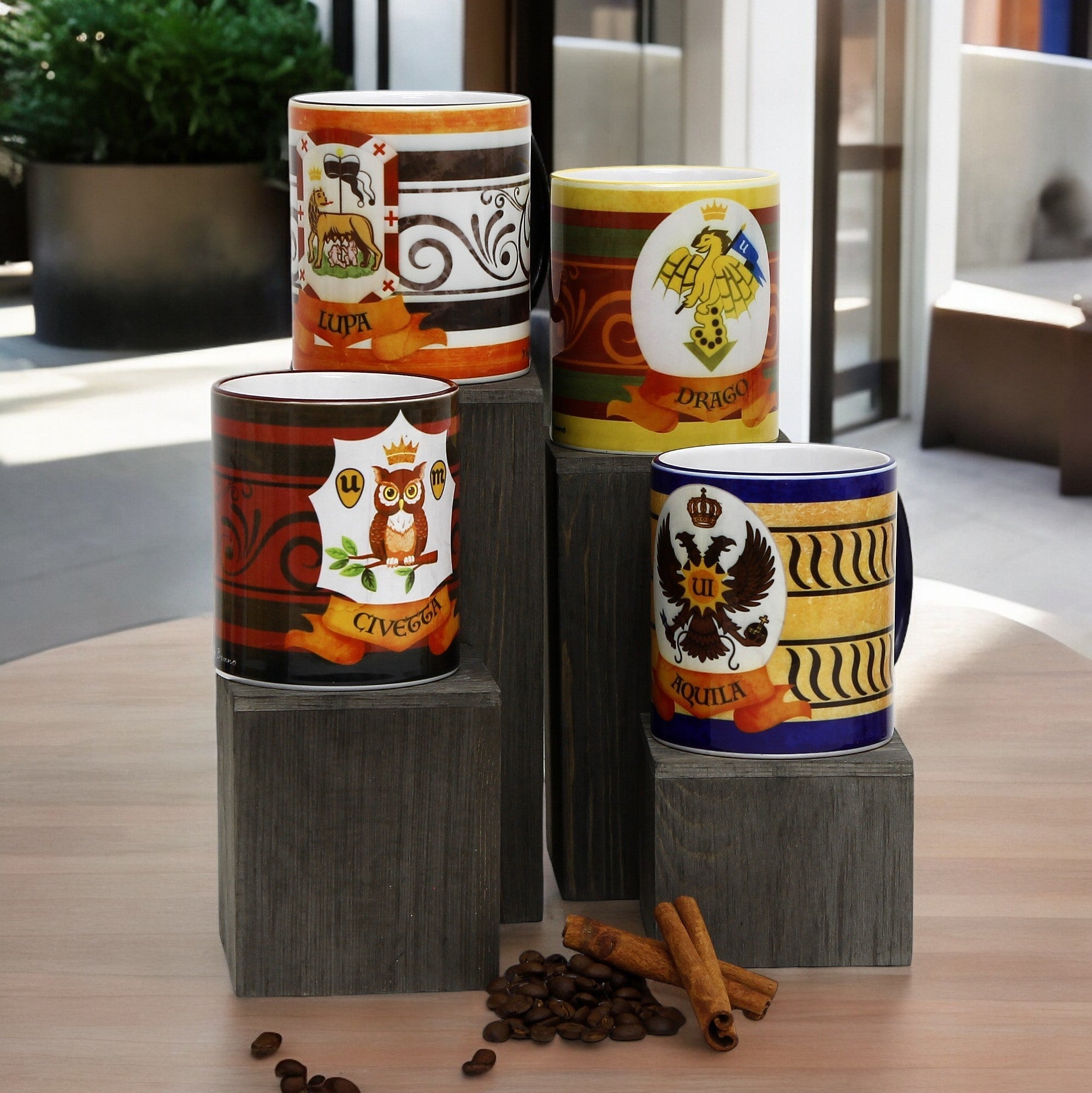 SUBLIMART: Palio di Siena Porcelain printed mug Set of 4 bundle: CIVETTA+LUPA+AQUILA+DRAGO