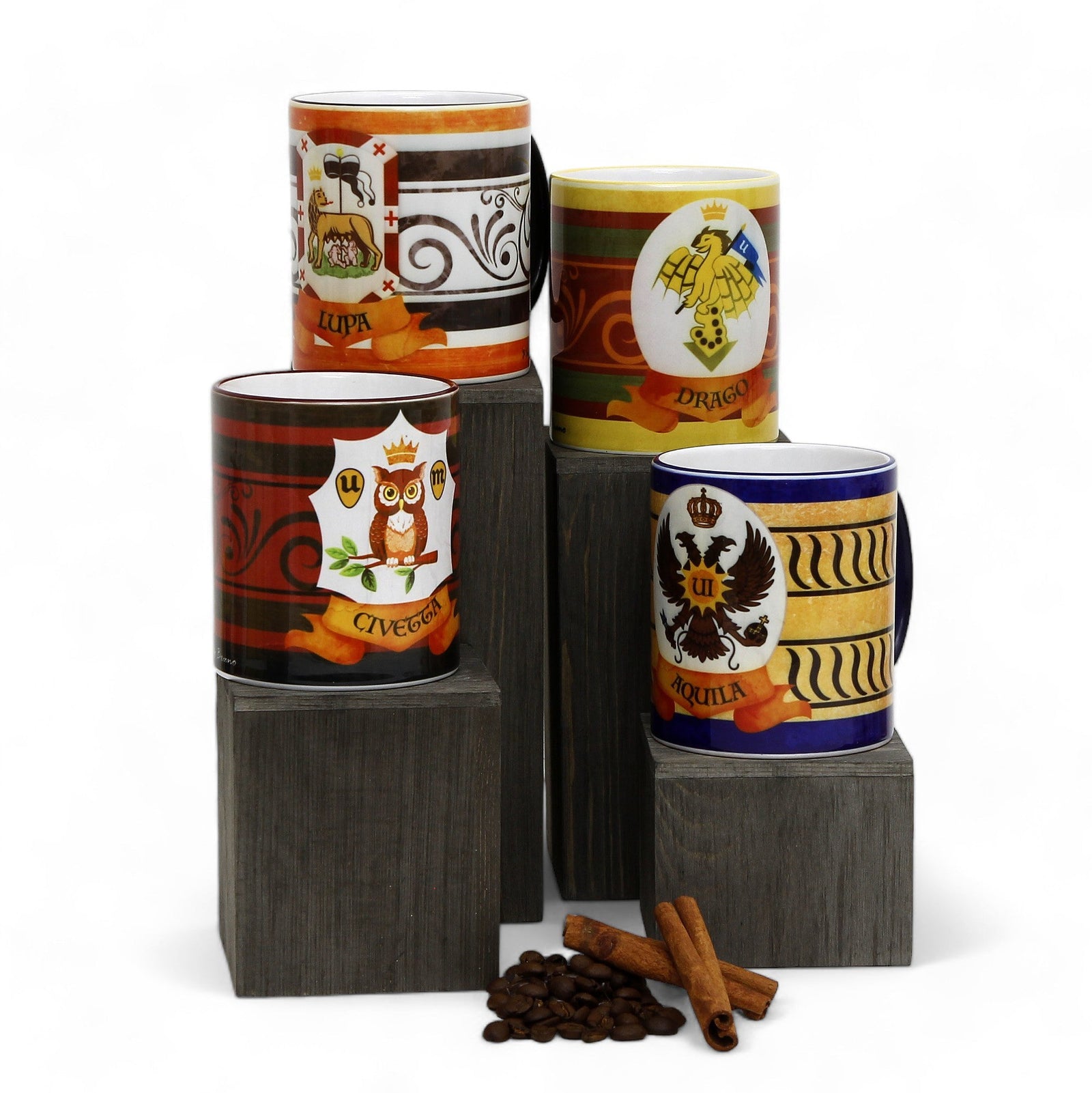 SUBLIMART: Palio di Siena Porcelain printed mug Set of 4 bundle: CIVETTA+LUPA+AQUILA+DRAGO