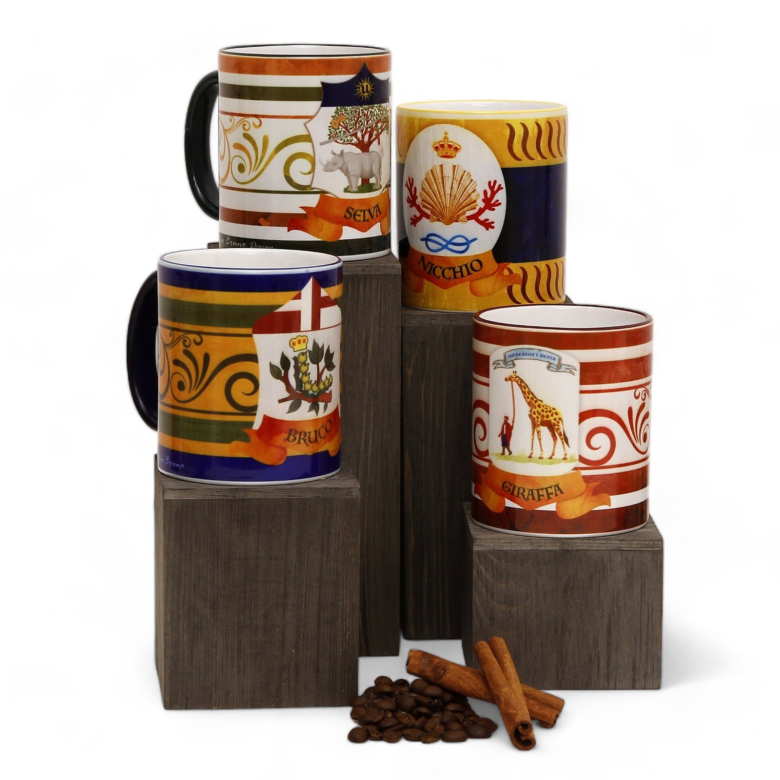 SUBLIMART: Palio di Siena Porcelain printed mug Set of 4 bundle: BRUCO+SELVA+NICCHIO+GIRAFFA