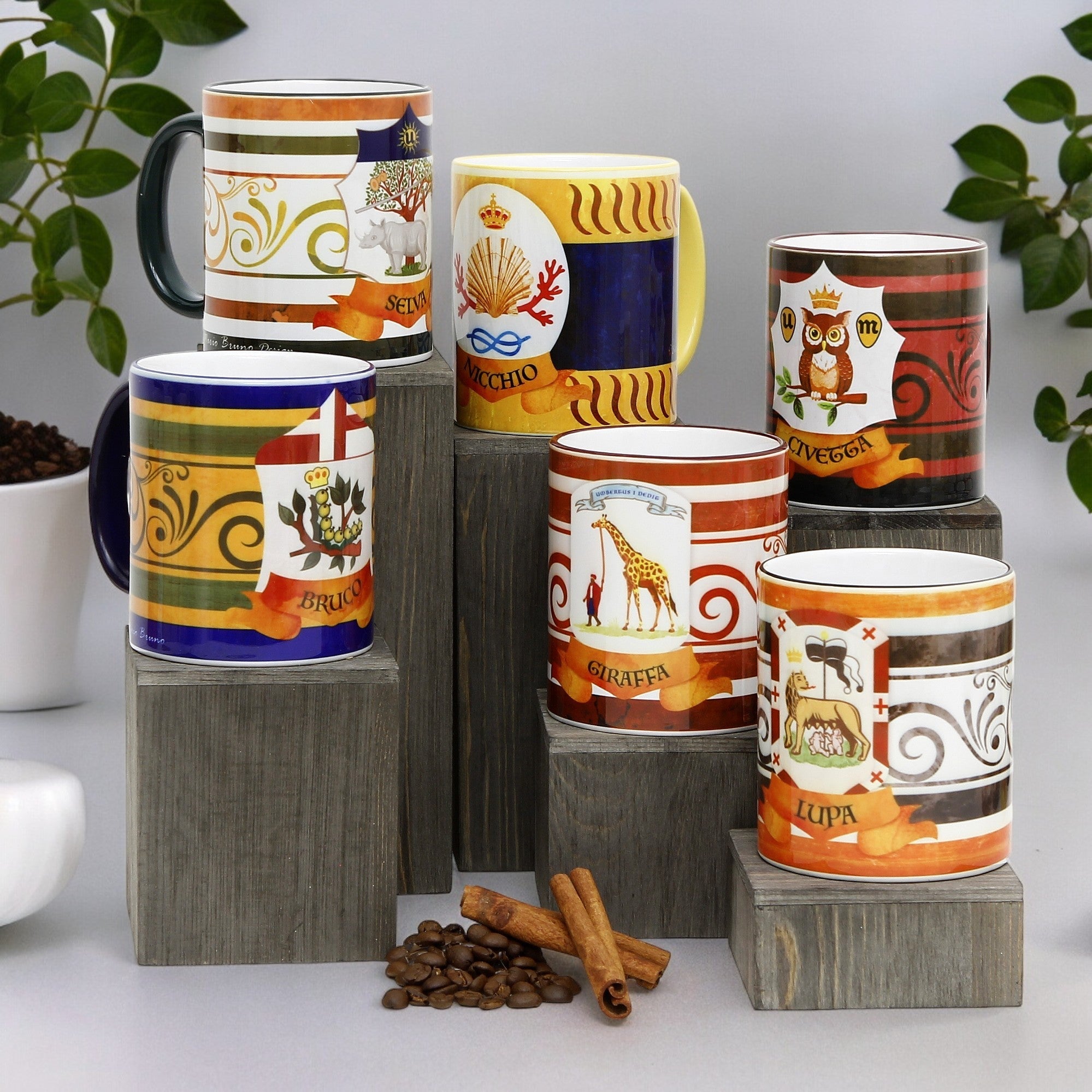 SUBLIMART: Palio di Siena Porcelain printed mug Set of 6 bundle: BRUCO+SELVA+NICCHIO+GIRAFFA+LUPA+CIVETTA