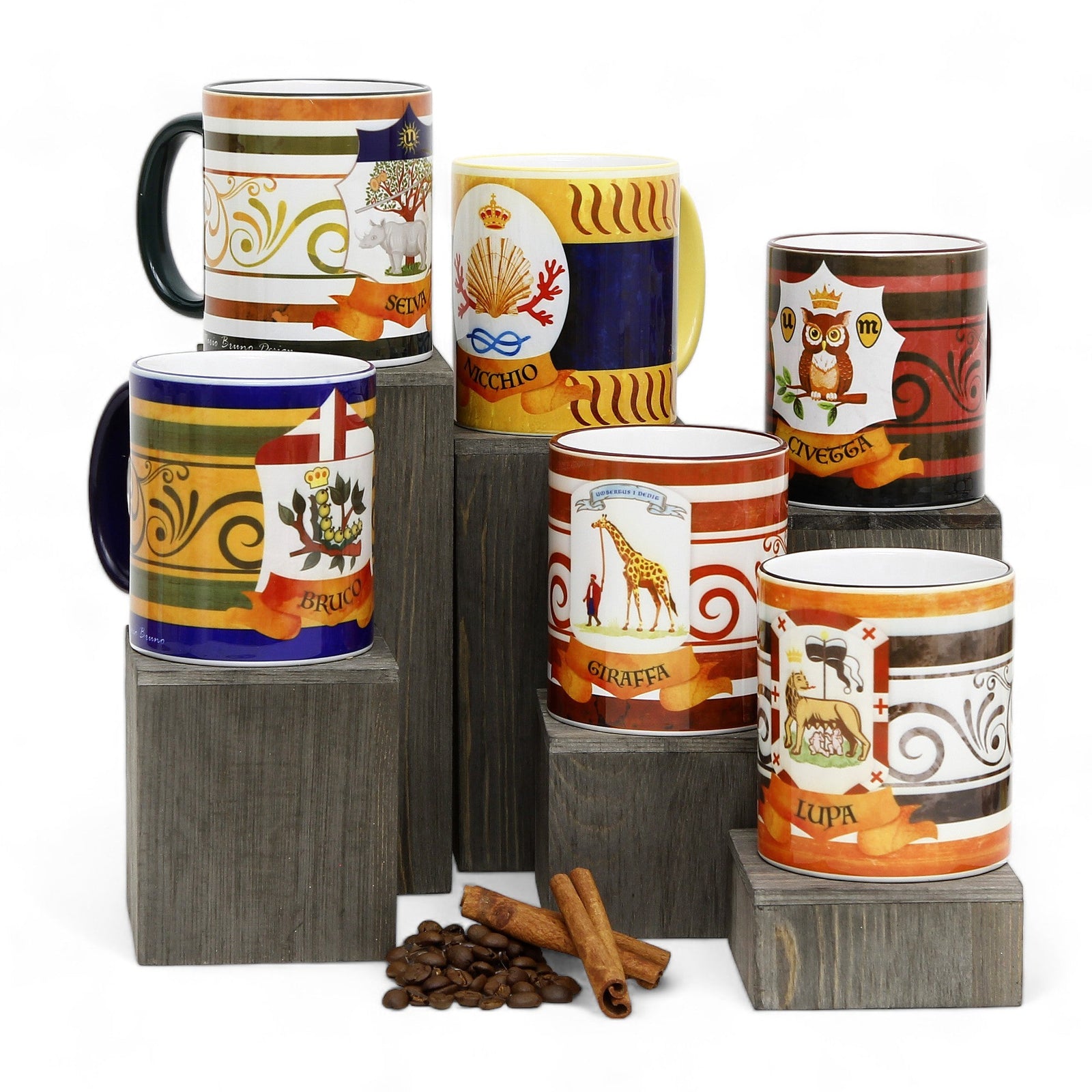 SUBLIMART: Palio di Siena Porcelain printed mug Set of 6 bundle: BRUCO+SELVA+NICCHIO+GIRAFFA+LUPA+CIVETTA