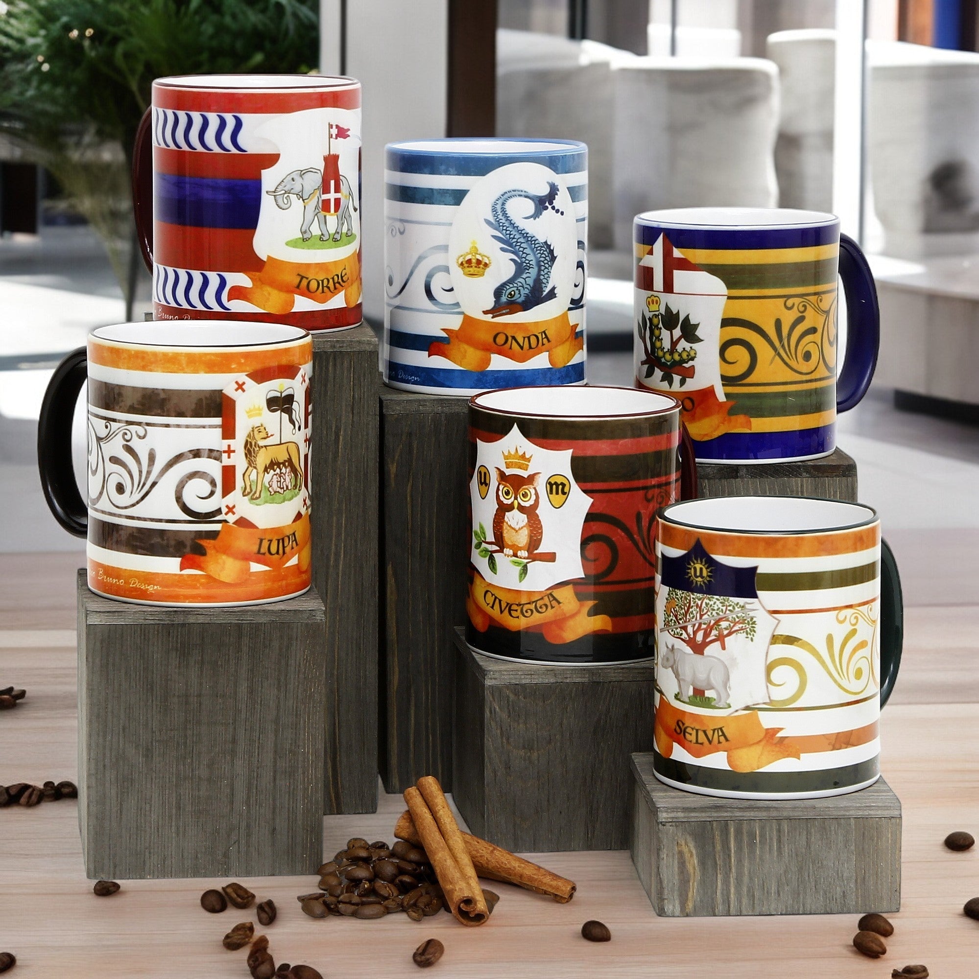 SUBLIMART: Palio di Siena Porcelain printed mug Set of 6 bundle: LUPA+TORRE+ONDA+BRUCO+CIVETTA+SELVA