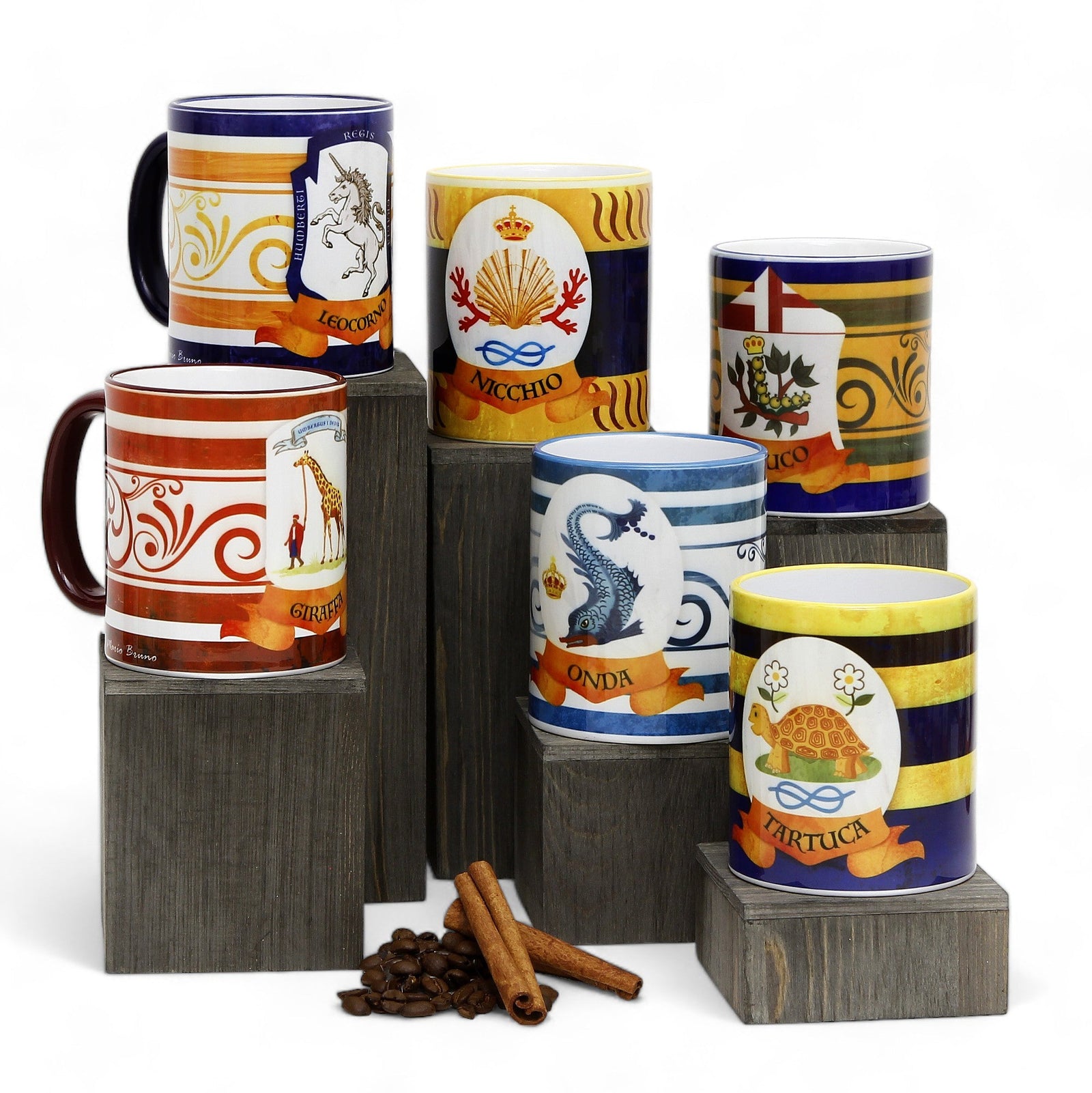 SUBLIMART: Palio di Siena Porcelain printed mug Set of 6 bundle: GIRAFFA+LEOCORNO+BRUCO+ONDA+TARTUCA+NICCHIO