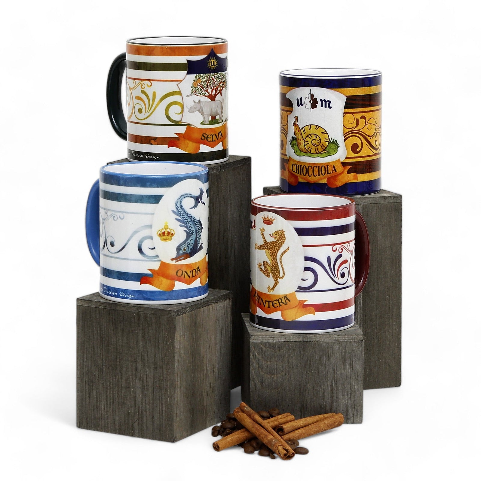 SUBLIMART: Palio di Siena Porcelain printed mug Set of 4 bundle: ONDA+SELVA+CHIOCCIOLA+PANTERA