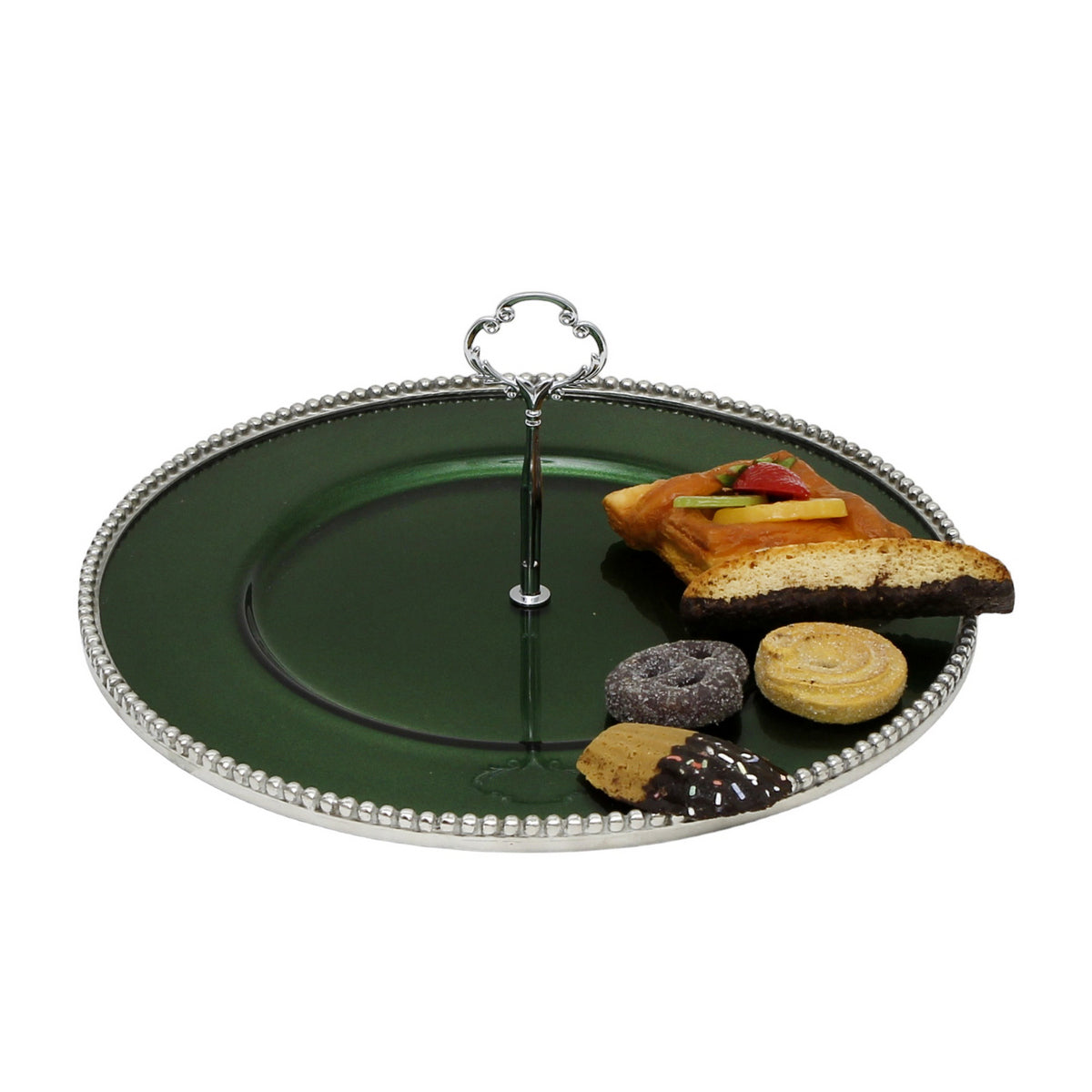 ARTE ITALICA PERLINA: Tid Bit Server Green Glass Tray with Metal rim - Golden or Chrome Oval Metal Handle - artisticaitalian.com