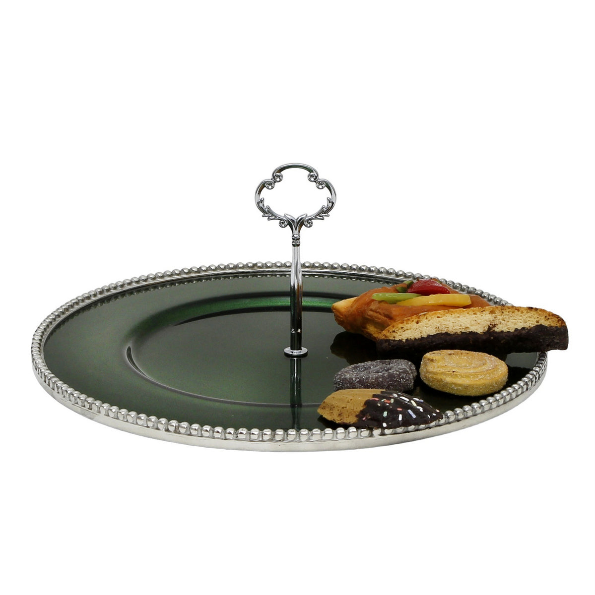 ARTE ITALICA PERLINA: Tid Bit Server Green Glass Tray with Metal rim - Golden or Chrome Oval Metal Handle - artisticaitalian.com